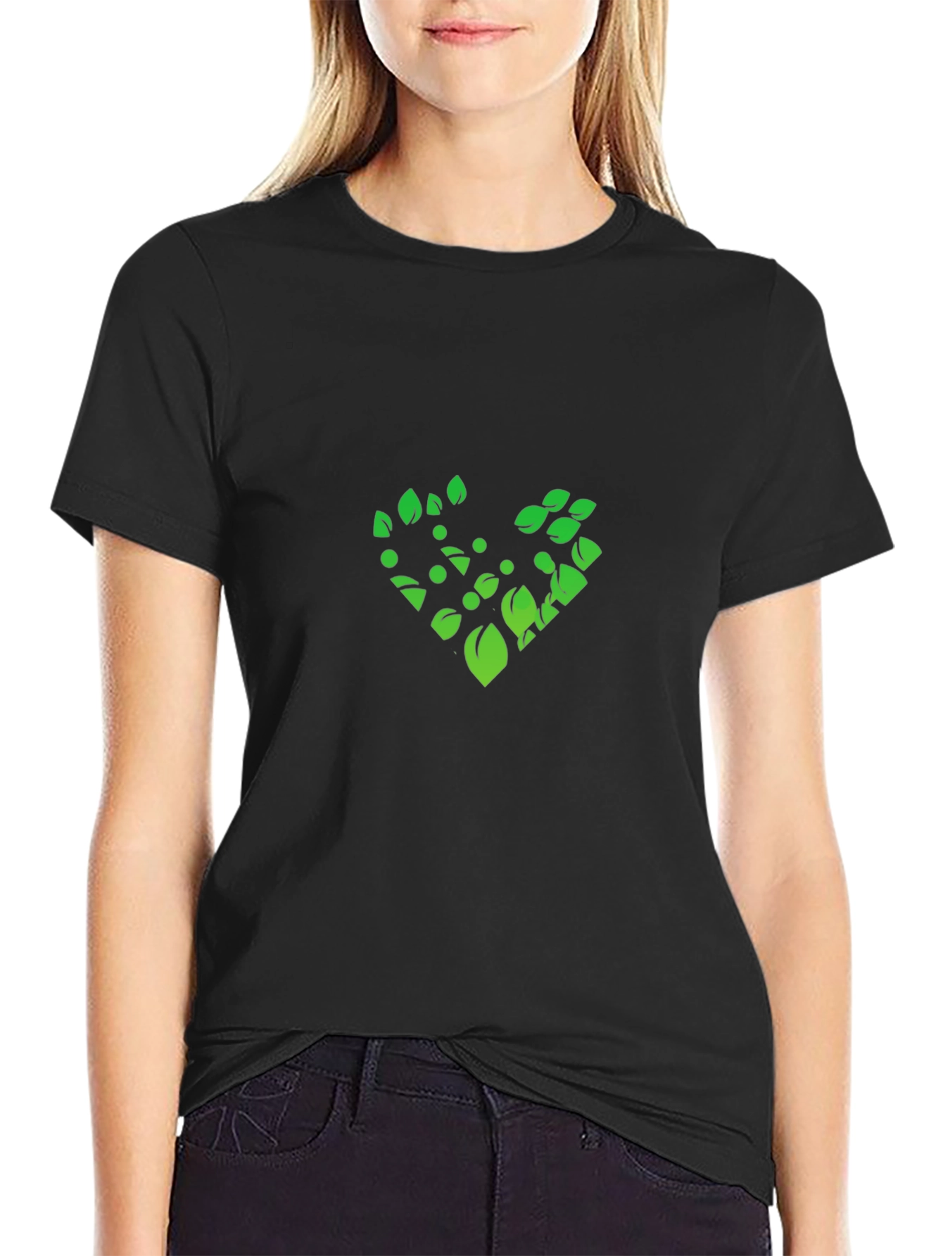 Green Leaf Heart Graphic Black T-Shirt