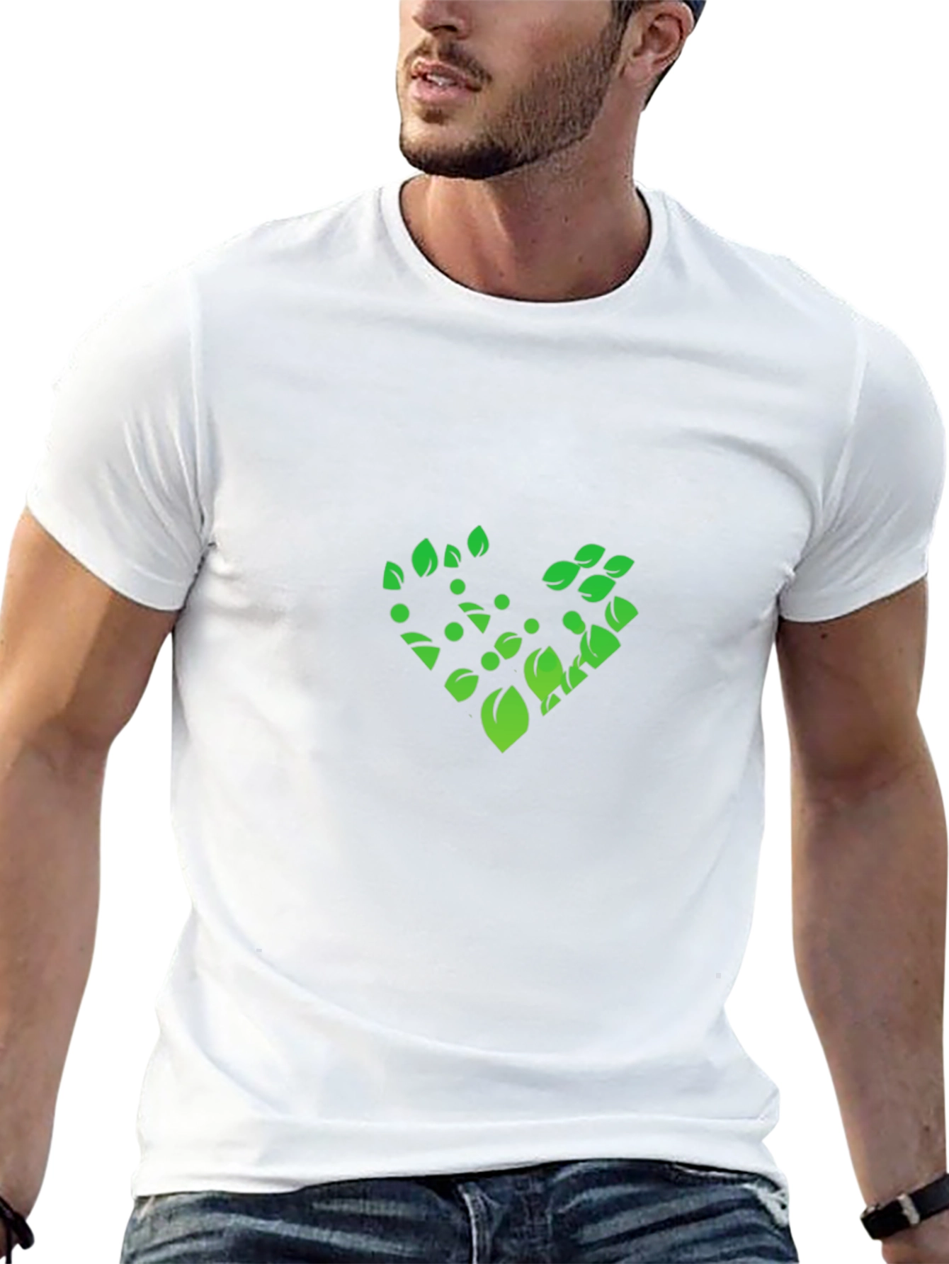 Green Leaf Heart Graphic Black T-Shirt