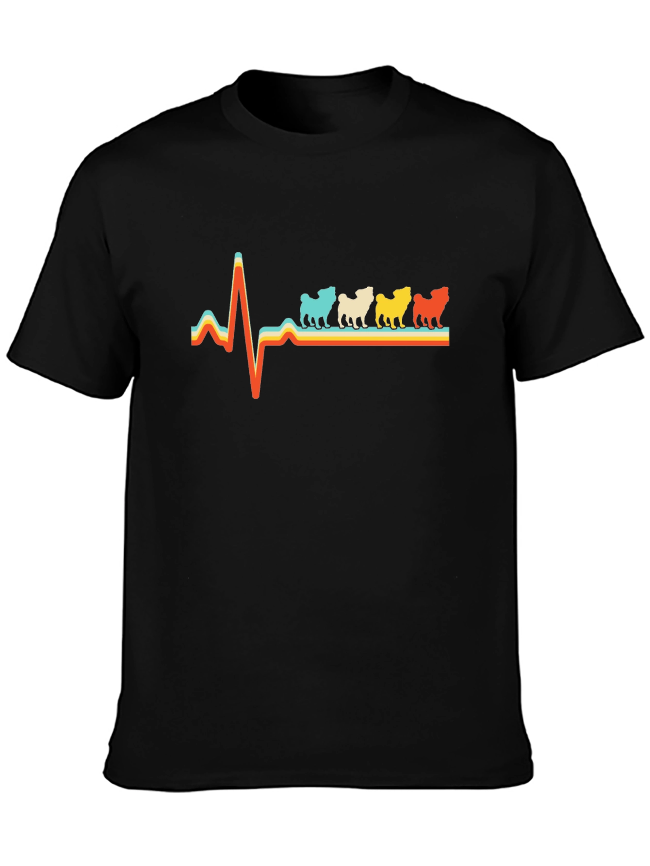 Pug Heartbeat Retro T-Shirt - Black