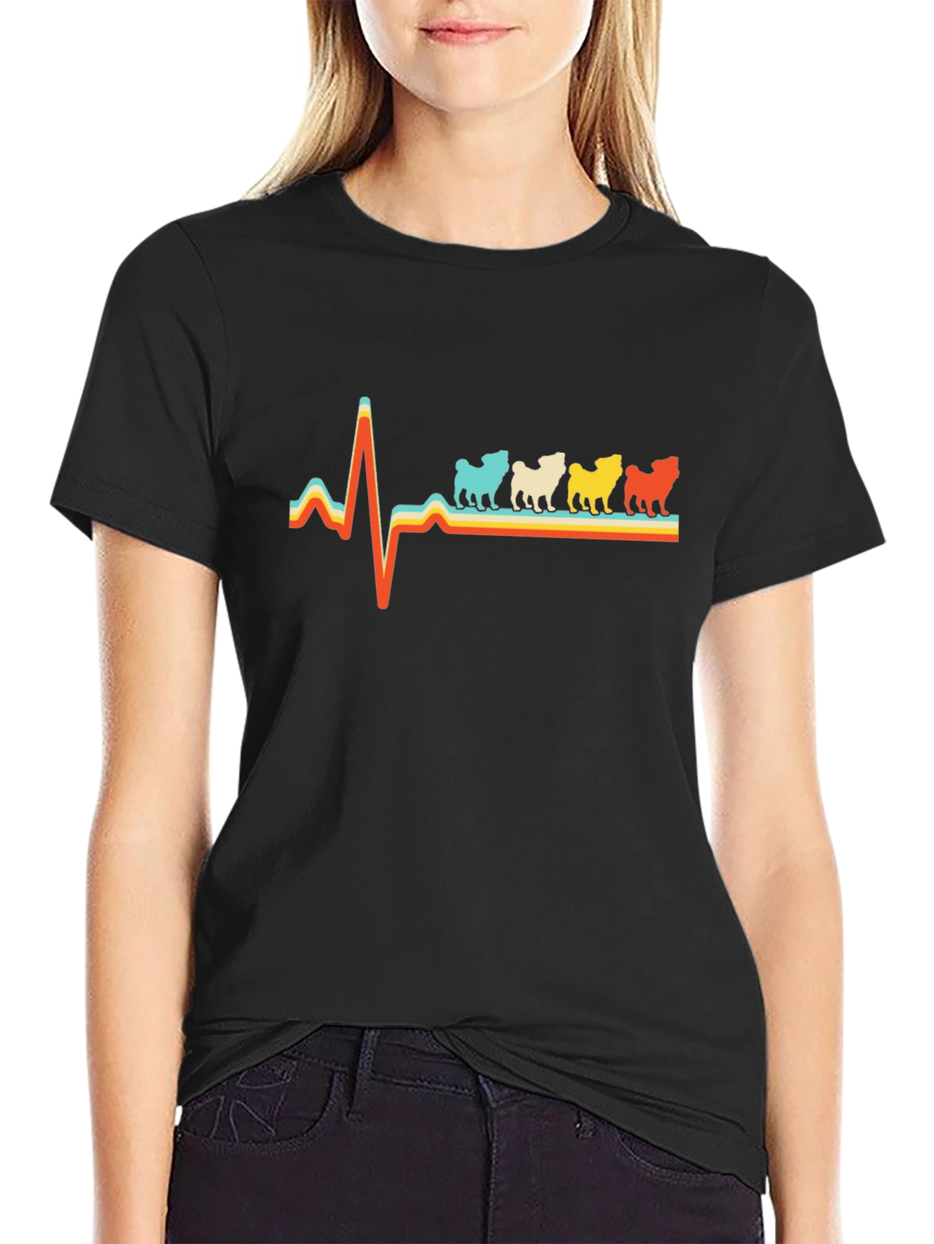 Pug Heartbeat Retro T-Shirt - Black