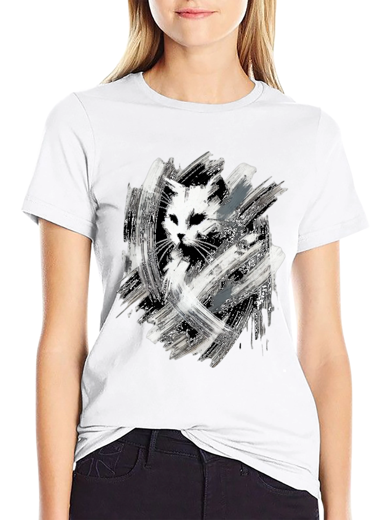 Abstract Cat Print Black T-Shirt