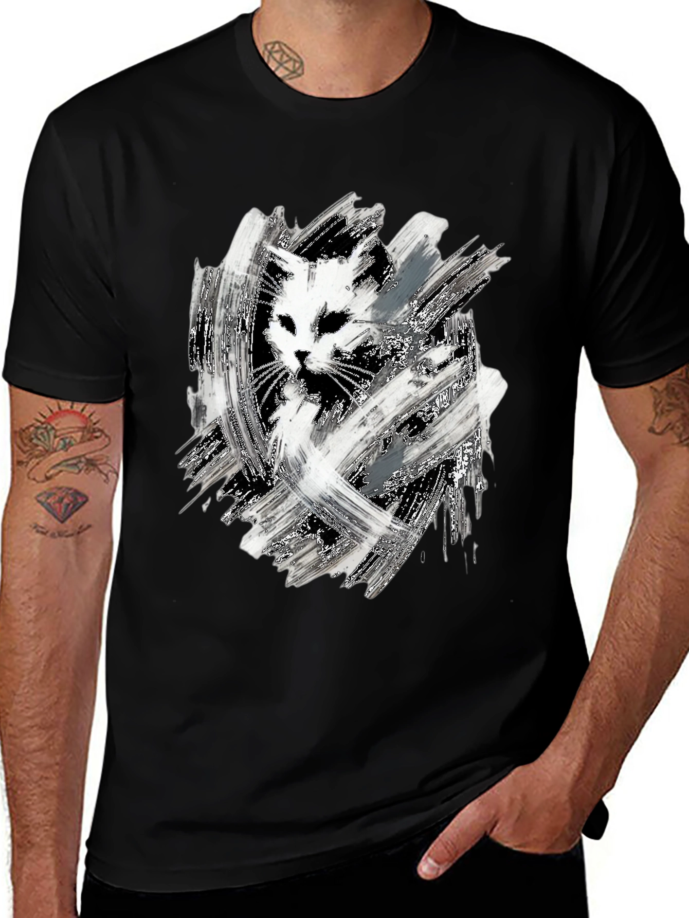Abstract Cat Print Black T-Shirt