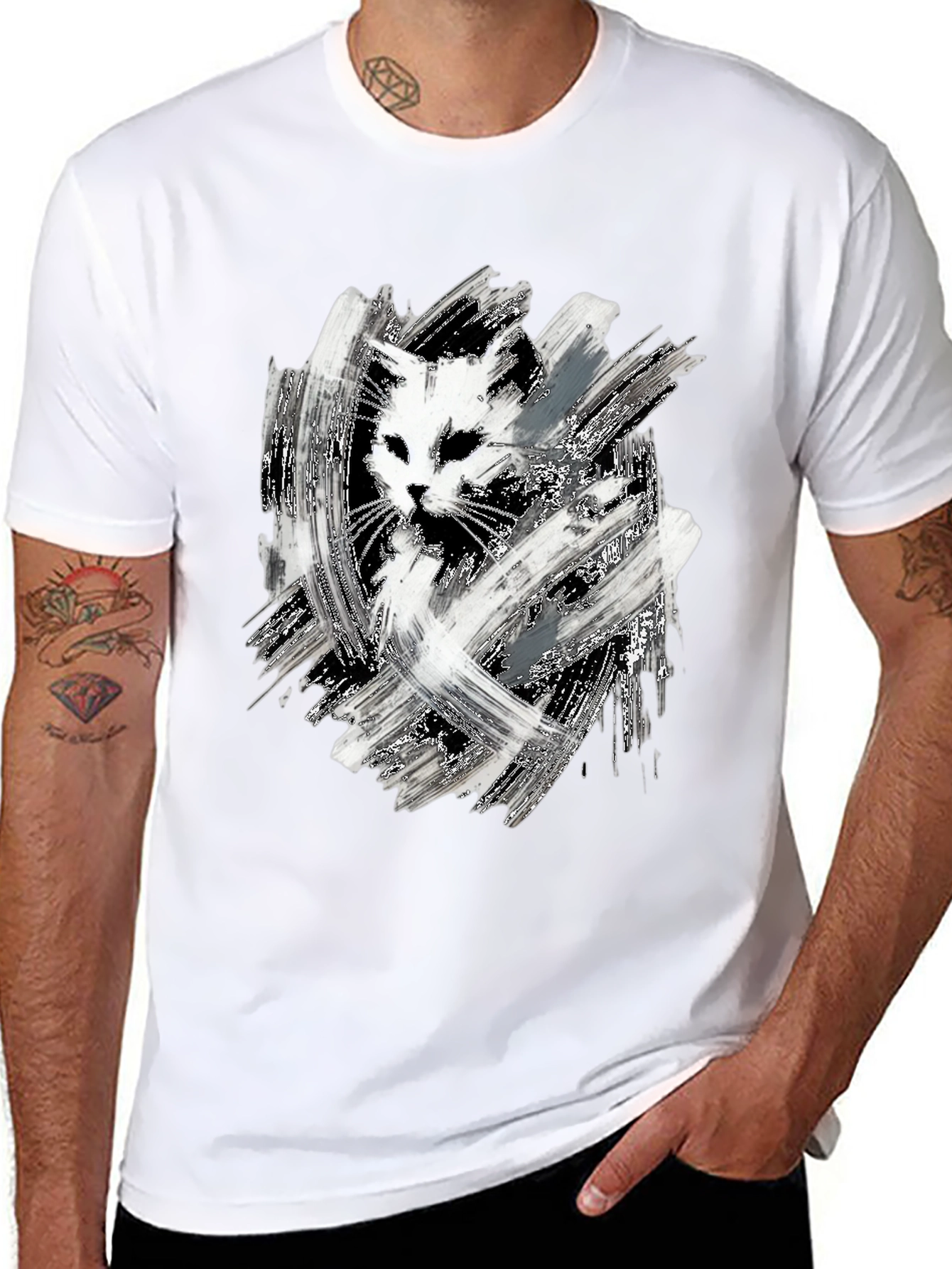 Abstract Cat Print Black T-Shirt