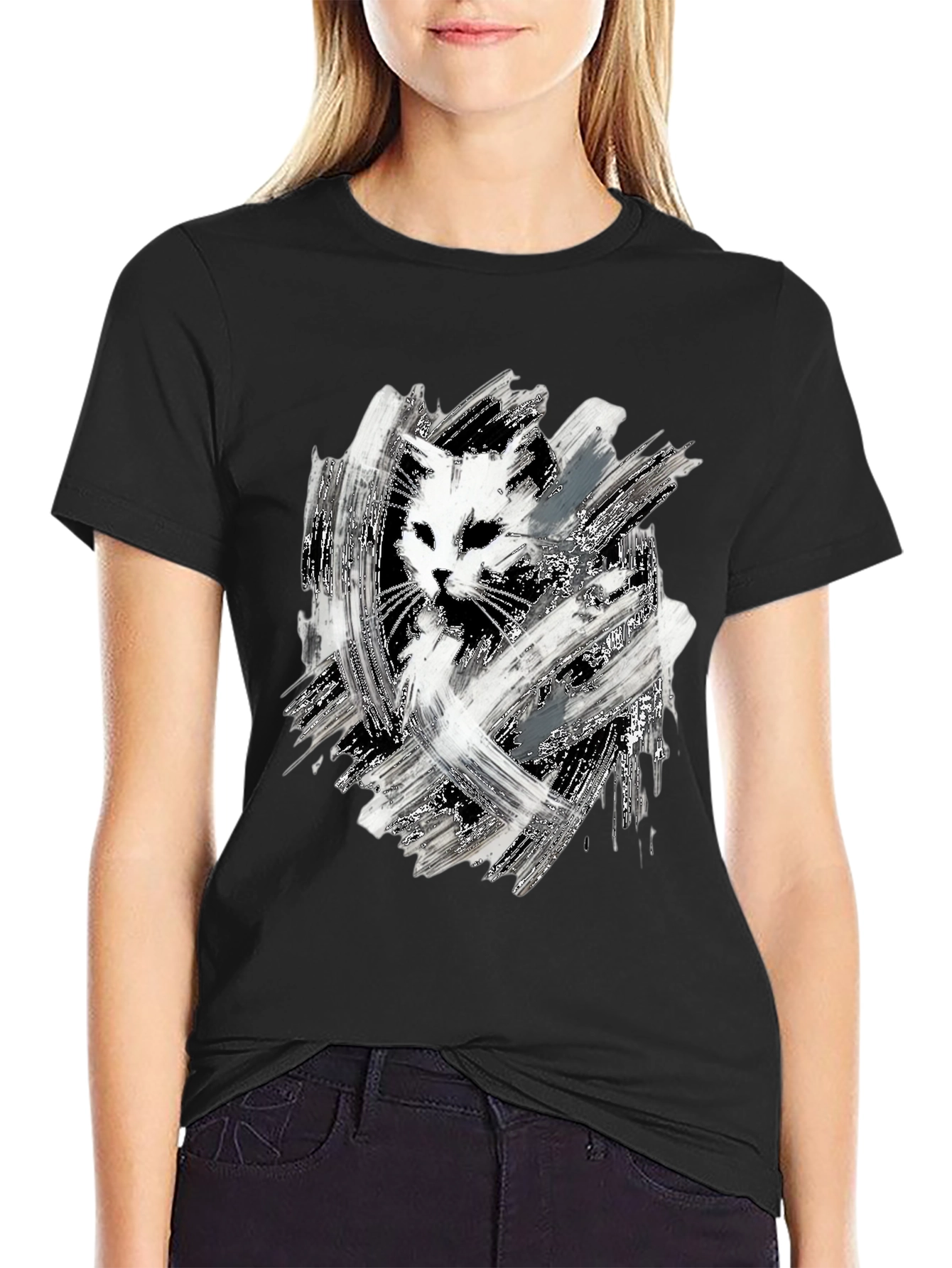 Abstract Cat Print Black T-Shirt