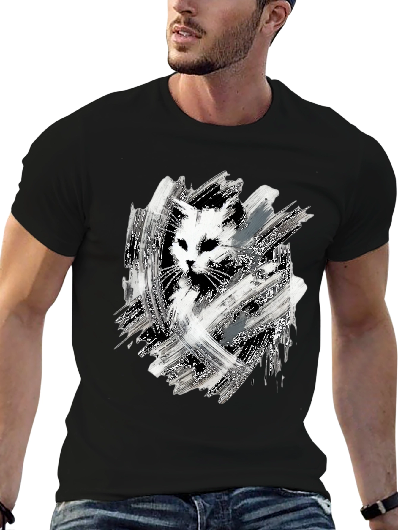 Abstract Cat Print Black T-Shirt