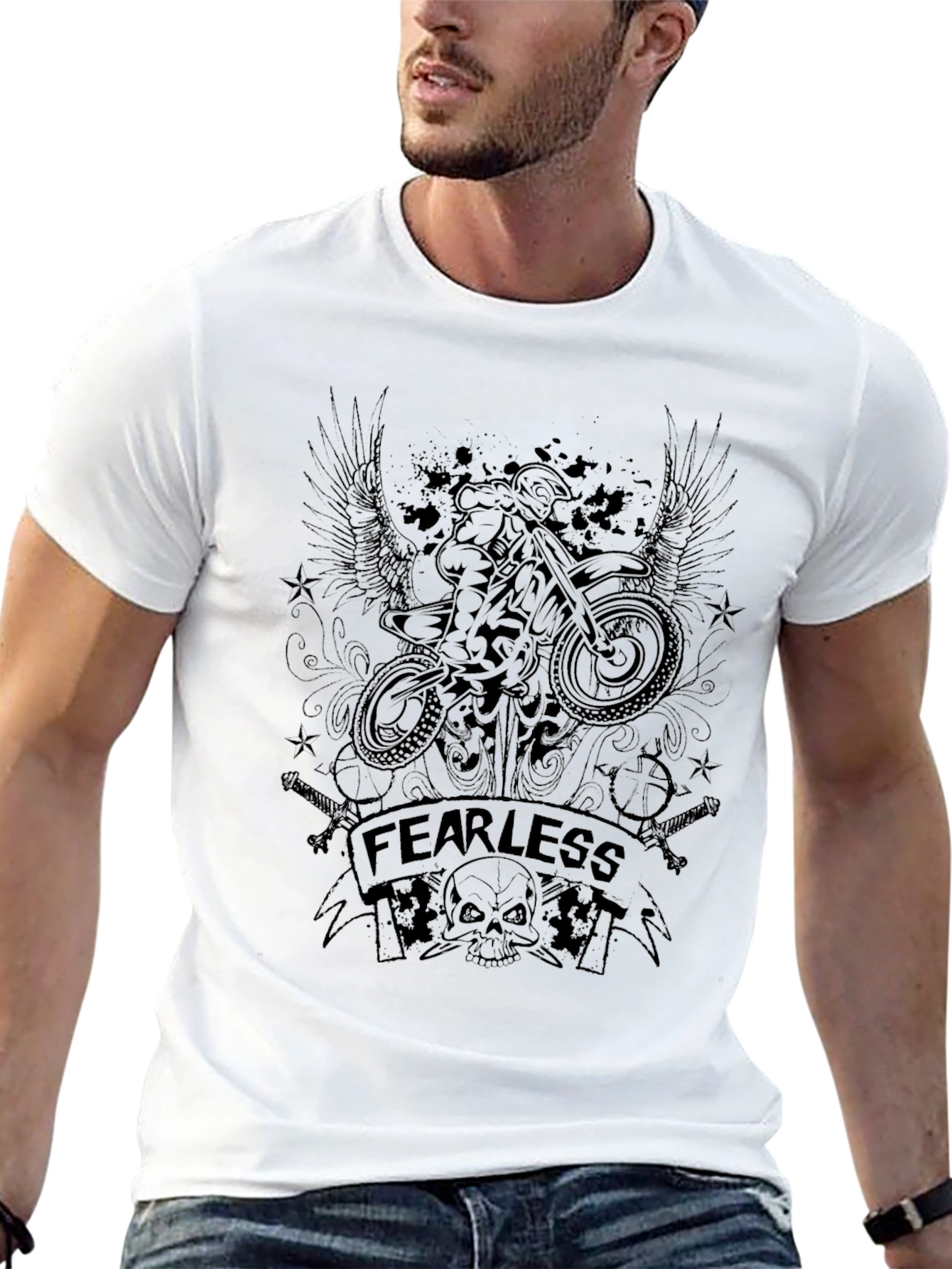 Fearless Biker Graphic T-Shirt - Black Crew Neck