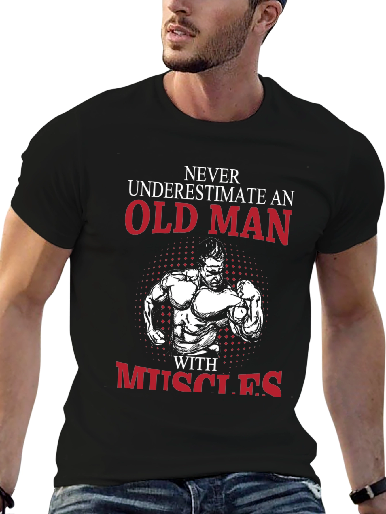 Old Man With Muscles Black T-Shirt