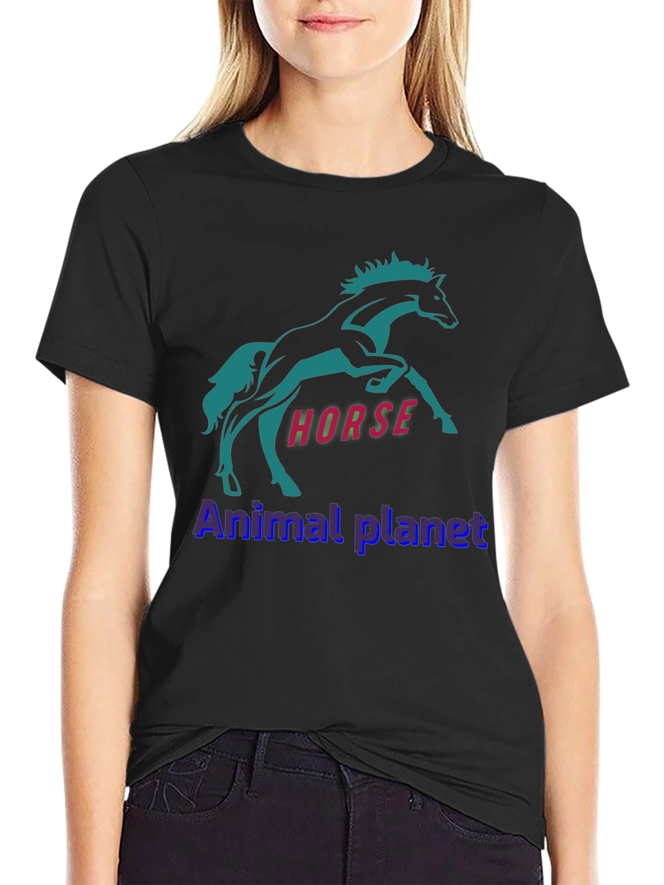 Horse Graphic Print T-Shirt Animal Planet Black