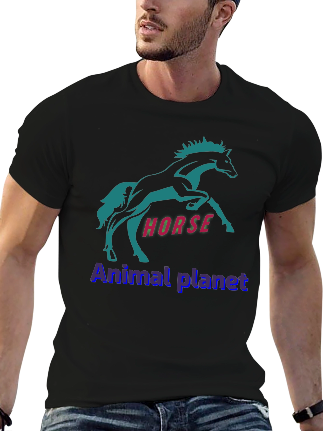 Horse Graphic Print T-Shirt Animal Planet Black