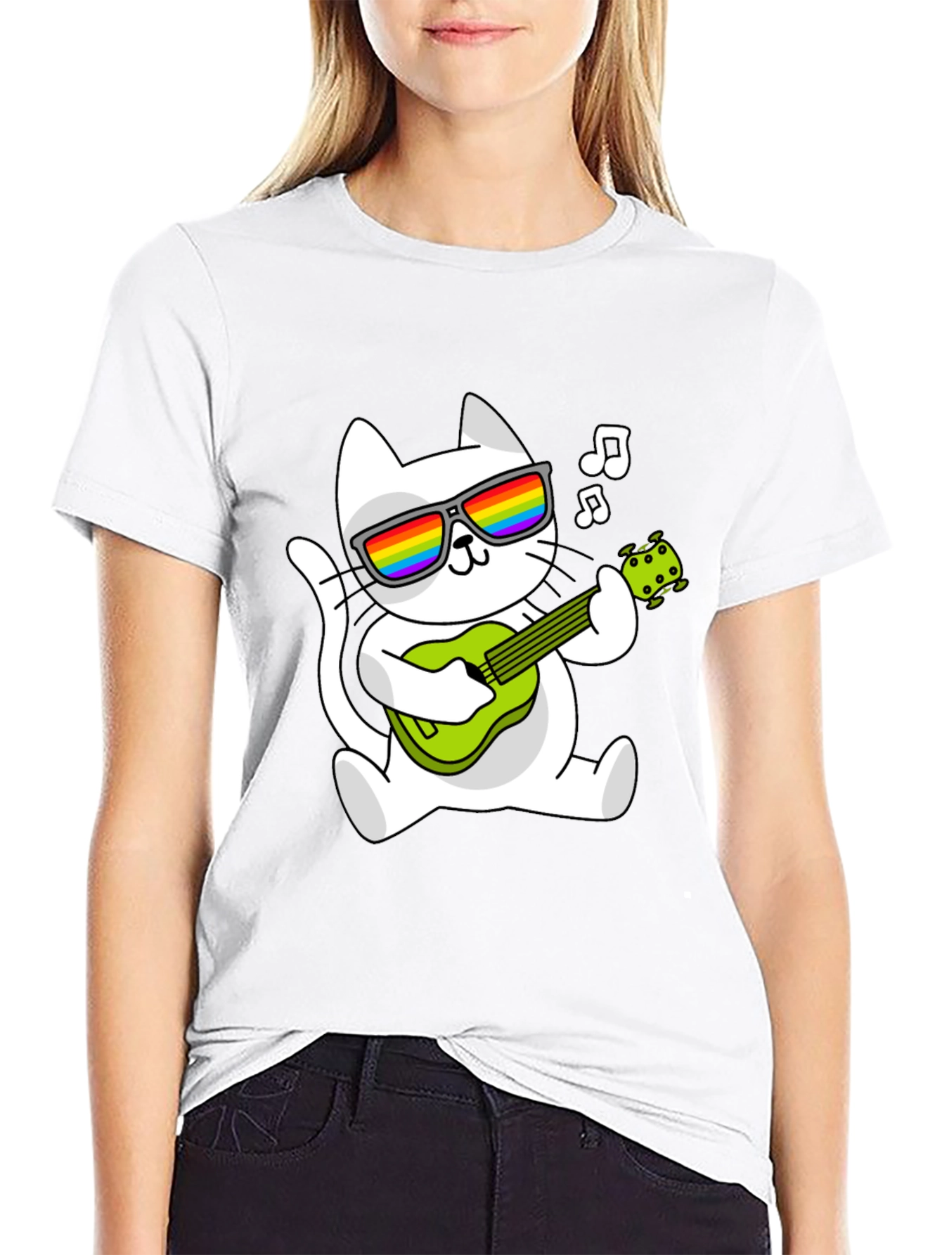 Cool Cat Guitarist Graphic Tee - Black