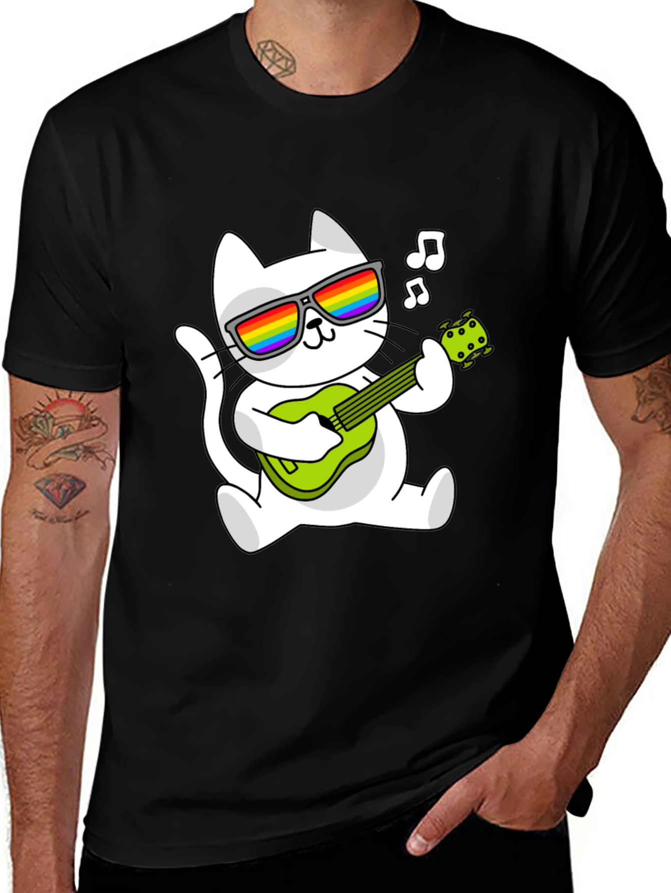 Cool Cat Guitarist Graphic Tee - Black