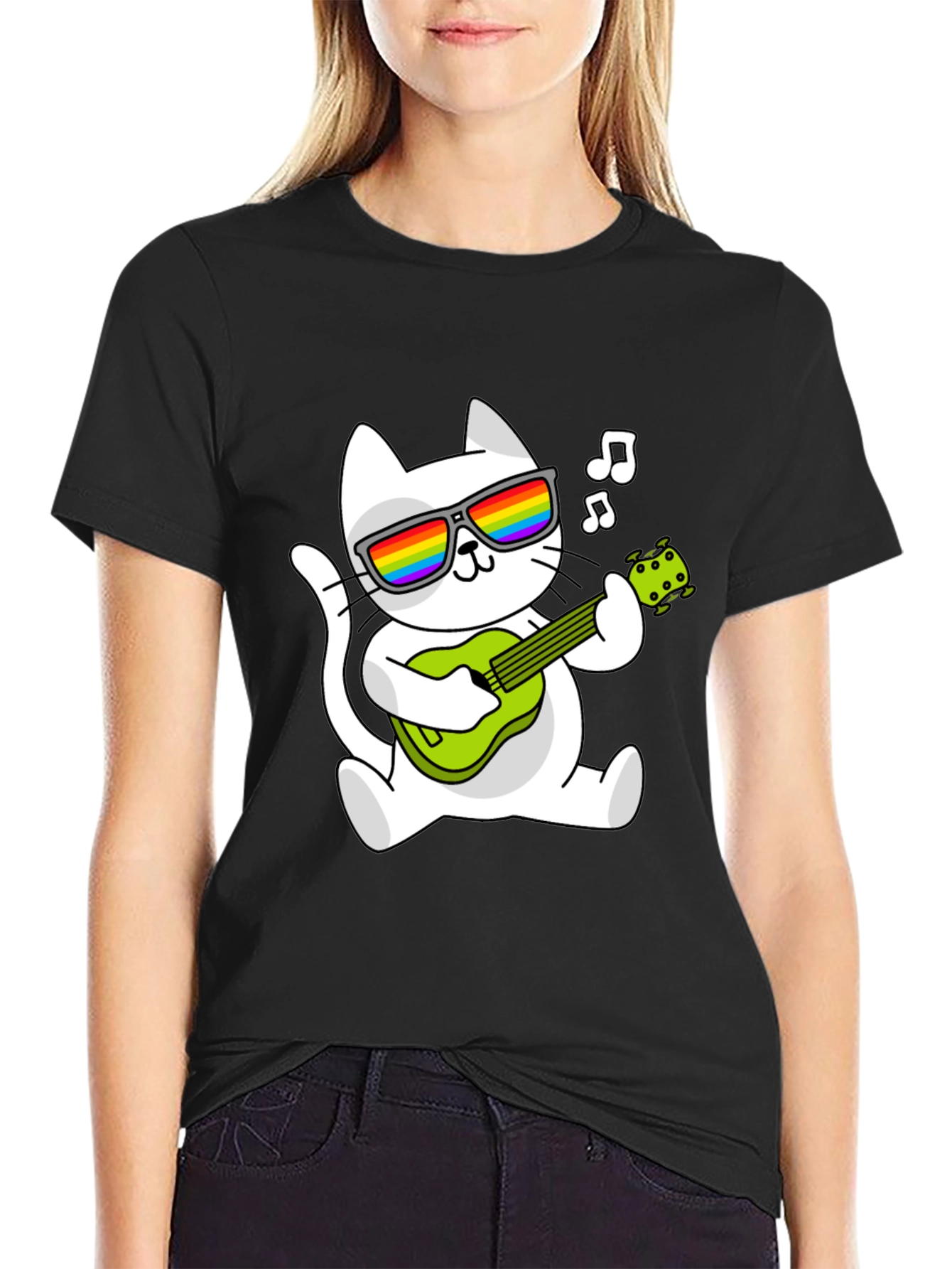 Cool Cat Guitarist Graphic Tee - Black