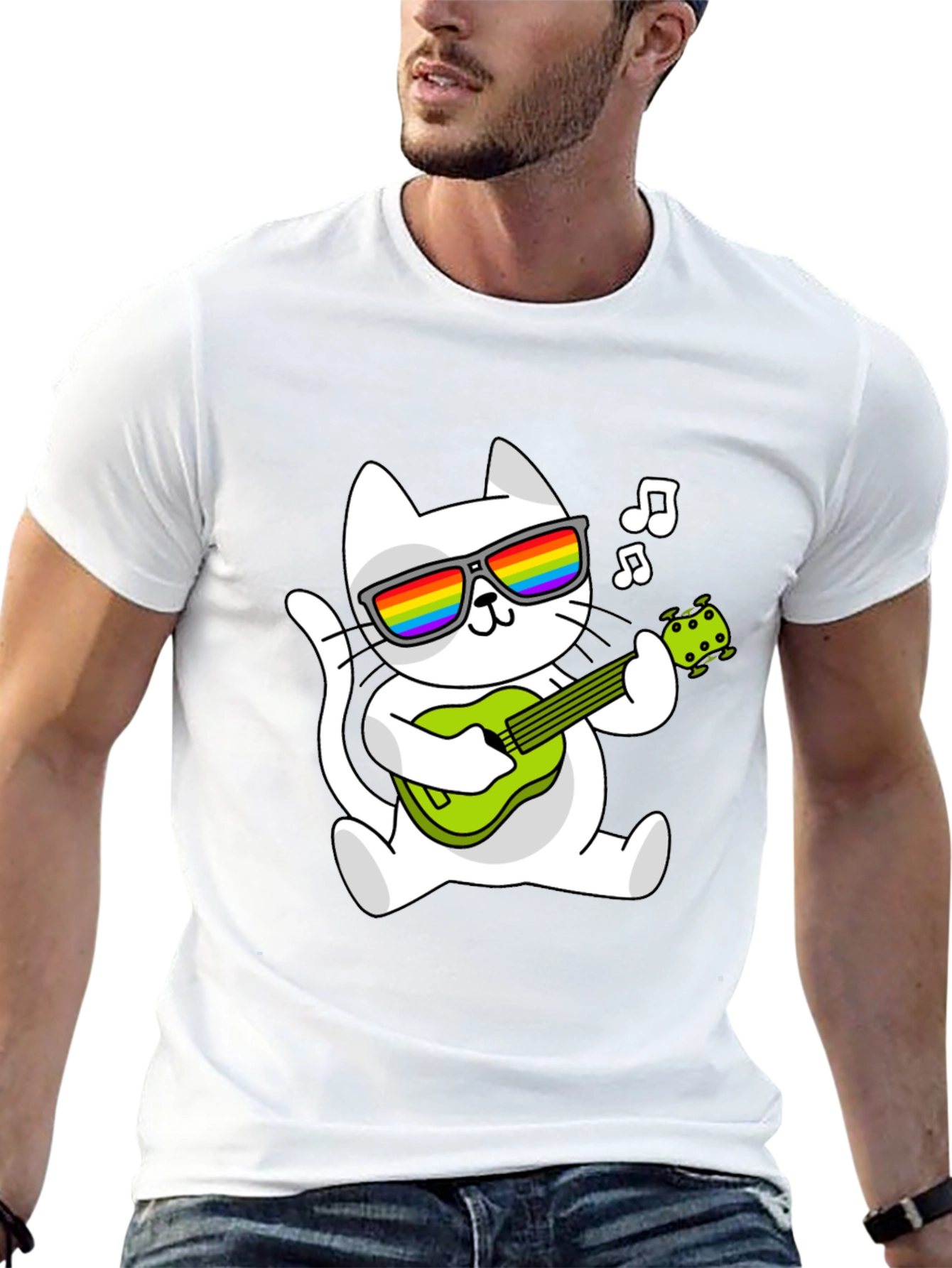 Cool Cat Guitarist Graphic Tee - Black