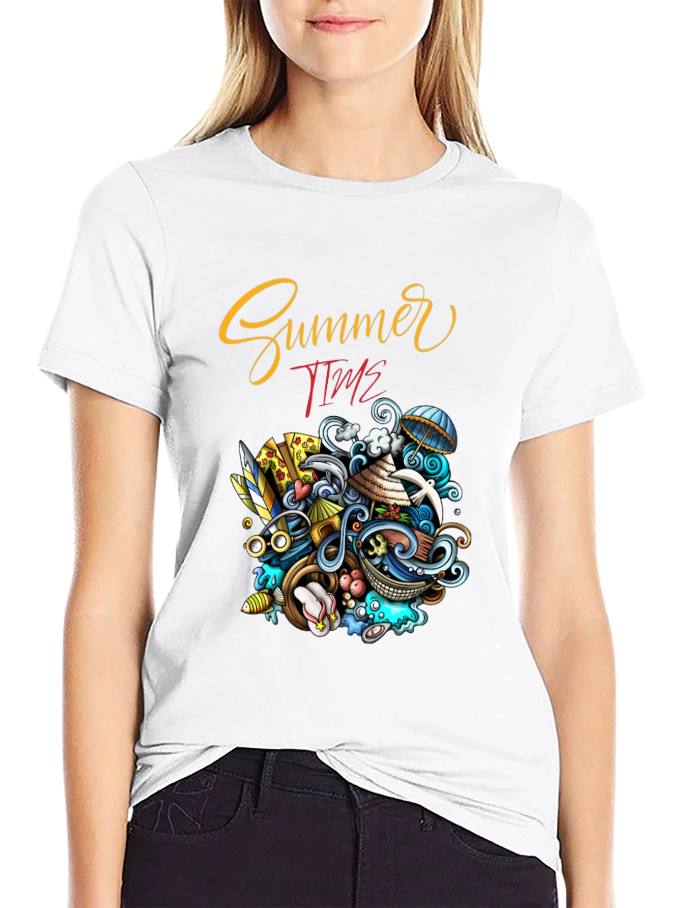 Summer Time Graphic Print Black T-Shirt