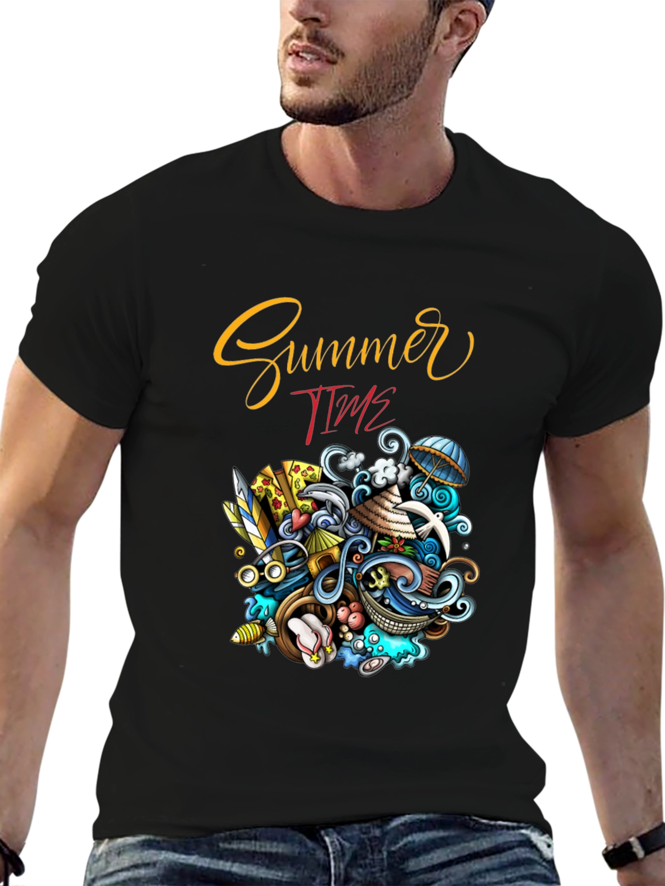 Summer Time Graphic Print Black T-Shirt