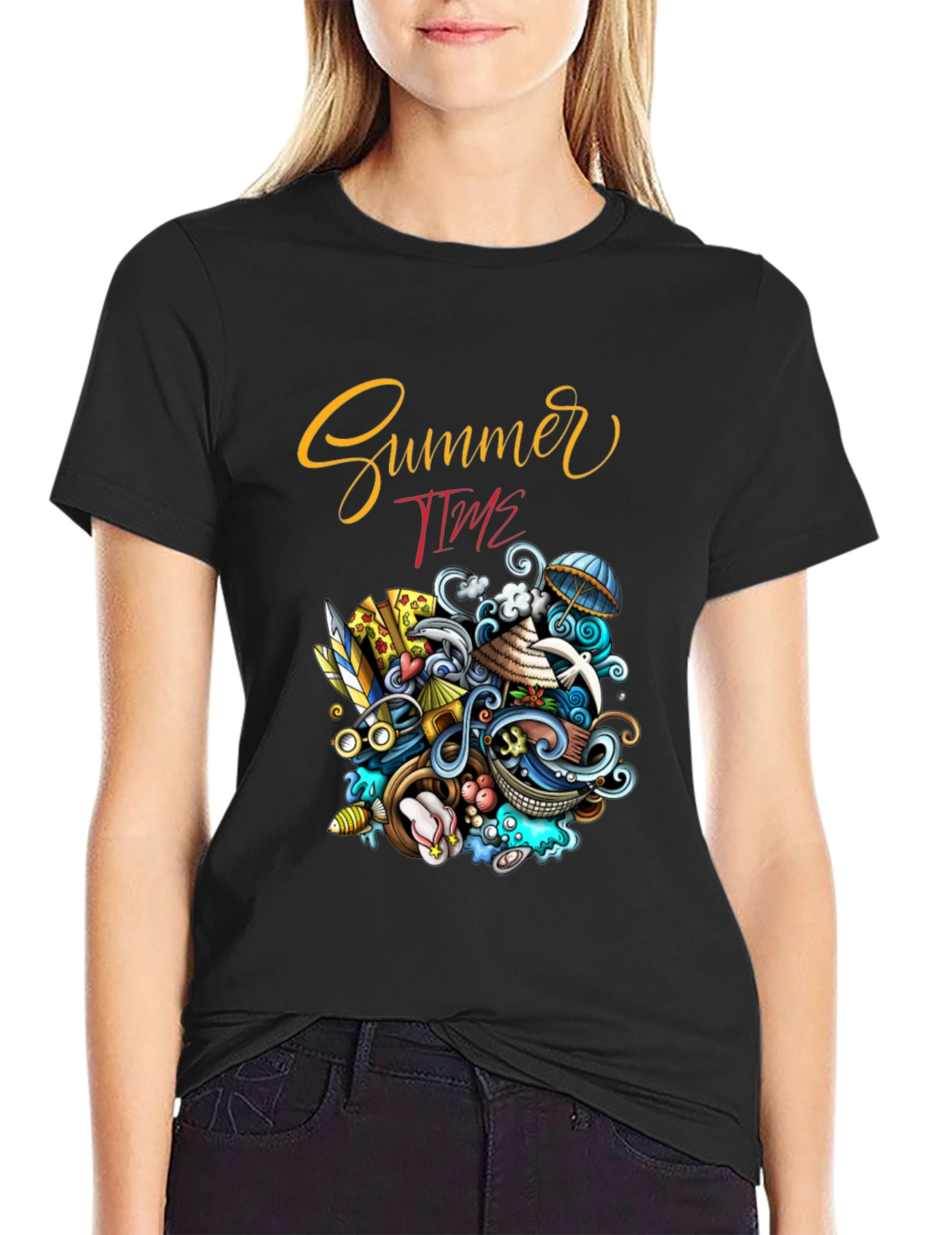 Summer Time Graphic Print Black T-Shirt