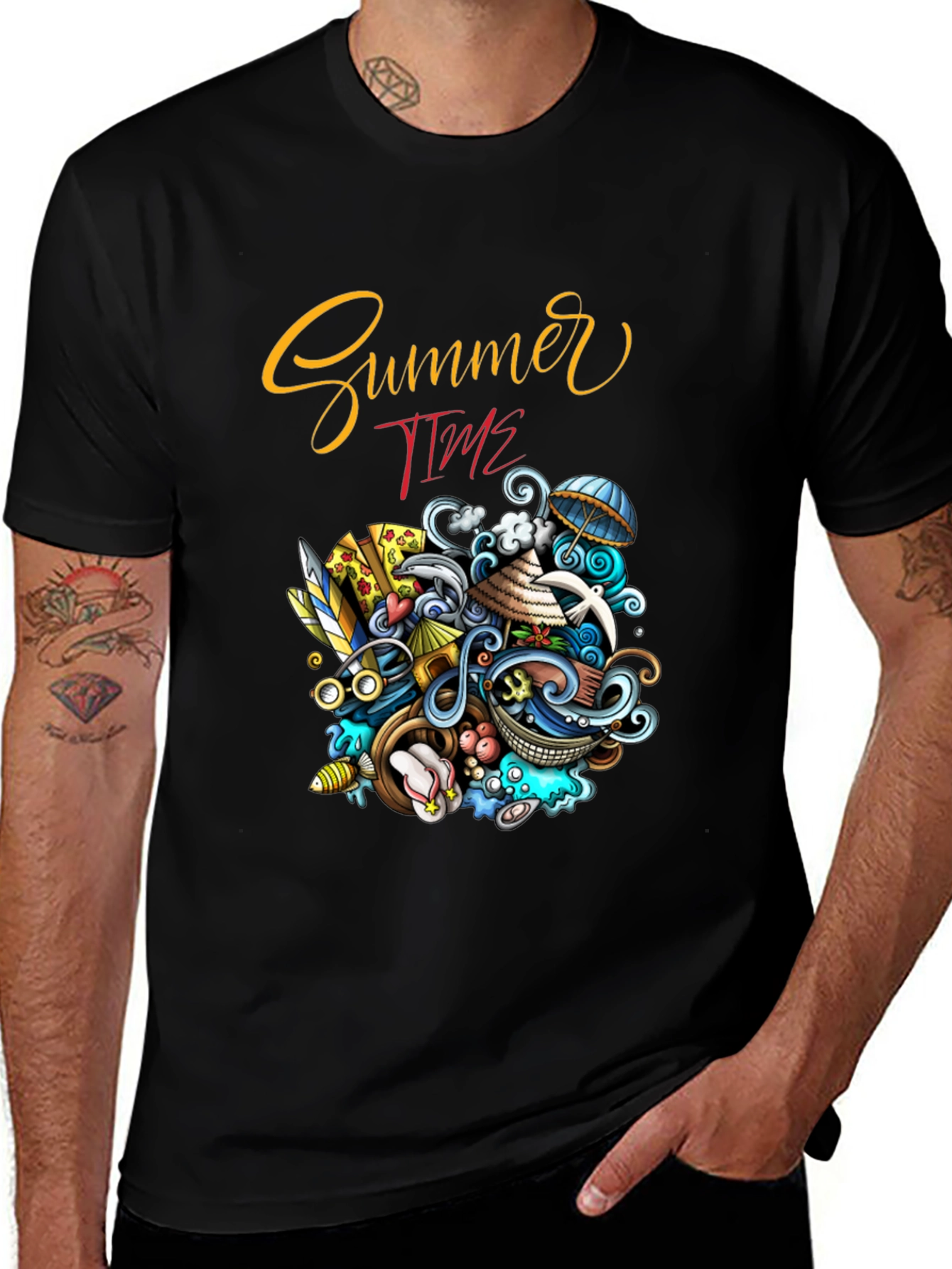 Summer Time Graphic Print Black T-Shirt