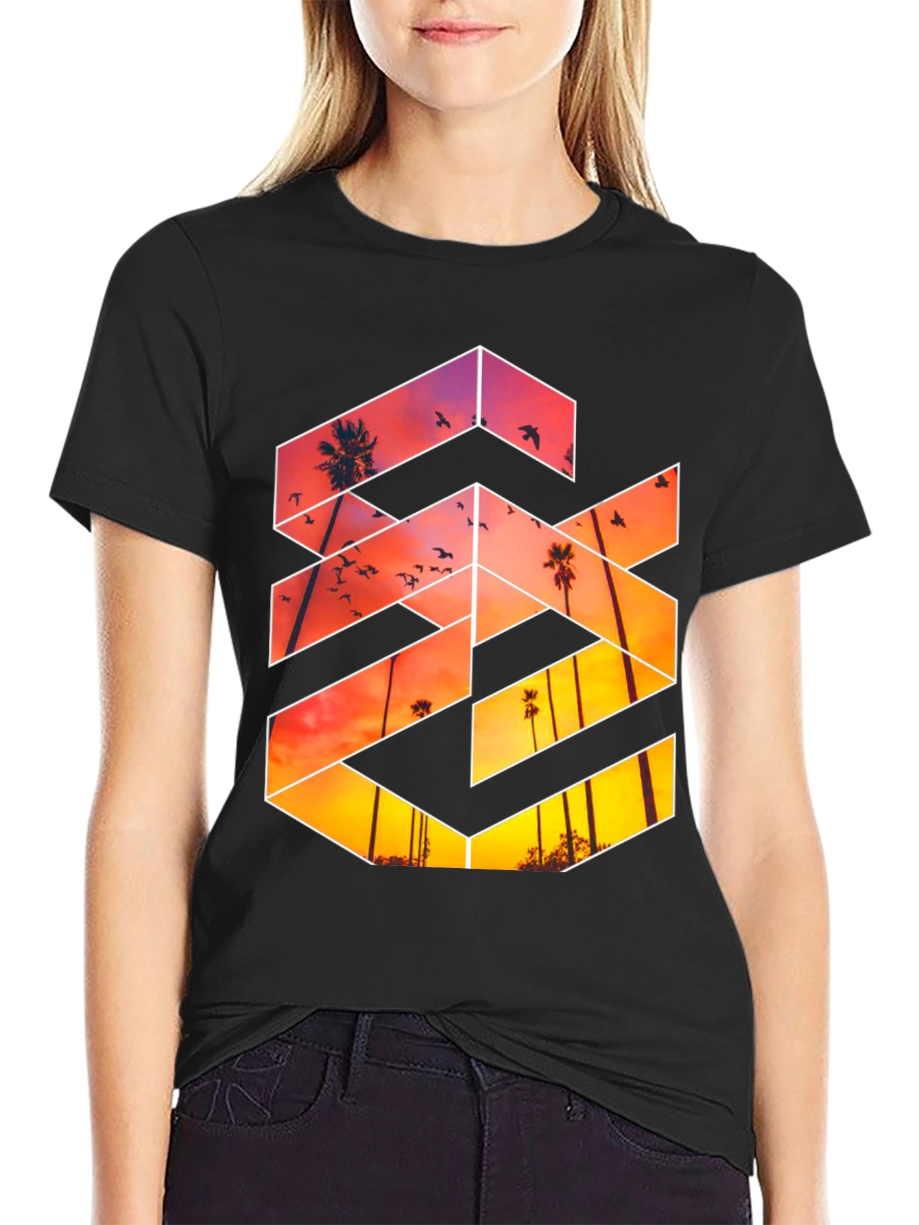 Sunset Palm Tree Graphic Tee - Black Casual T-Shirt
