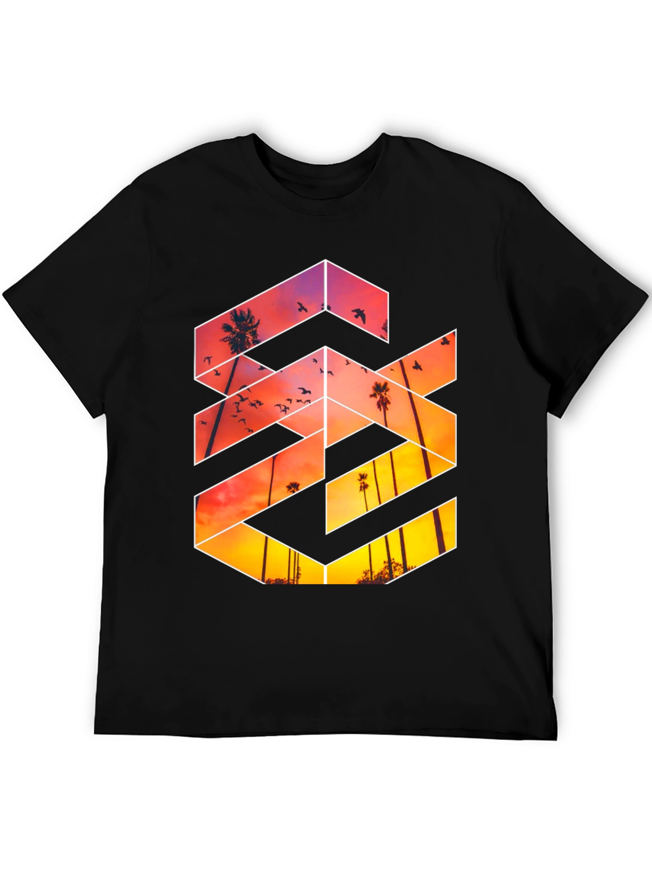 Sunset Palm Tree Graphic Tee - Black Casual T-Shirt