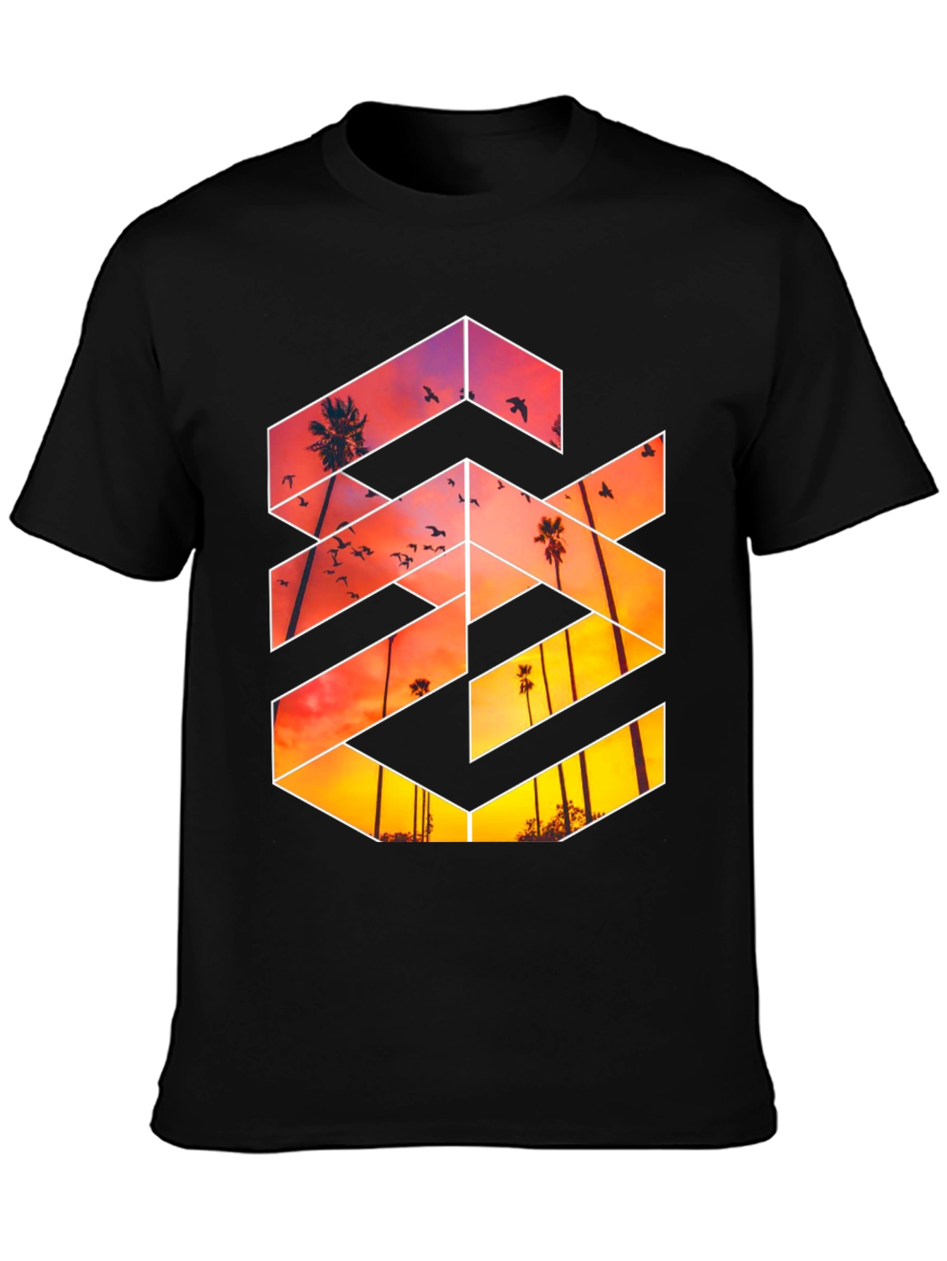 Sunset Palm Tree Graphic Tee - Black Casual T-Shirt