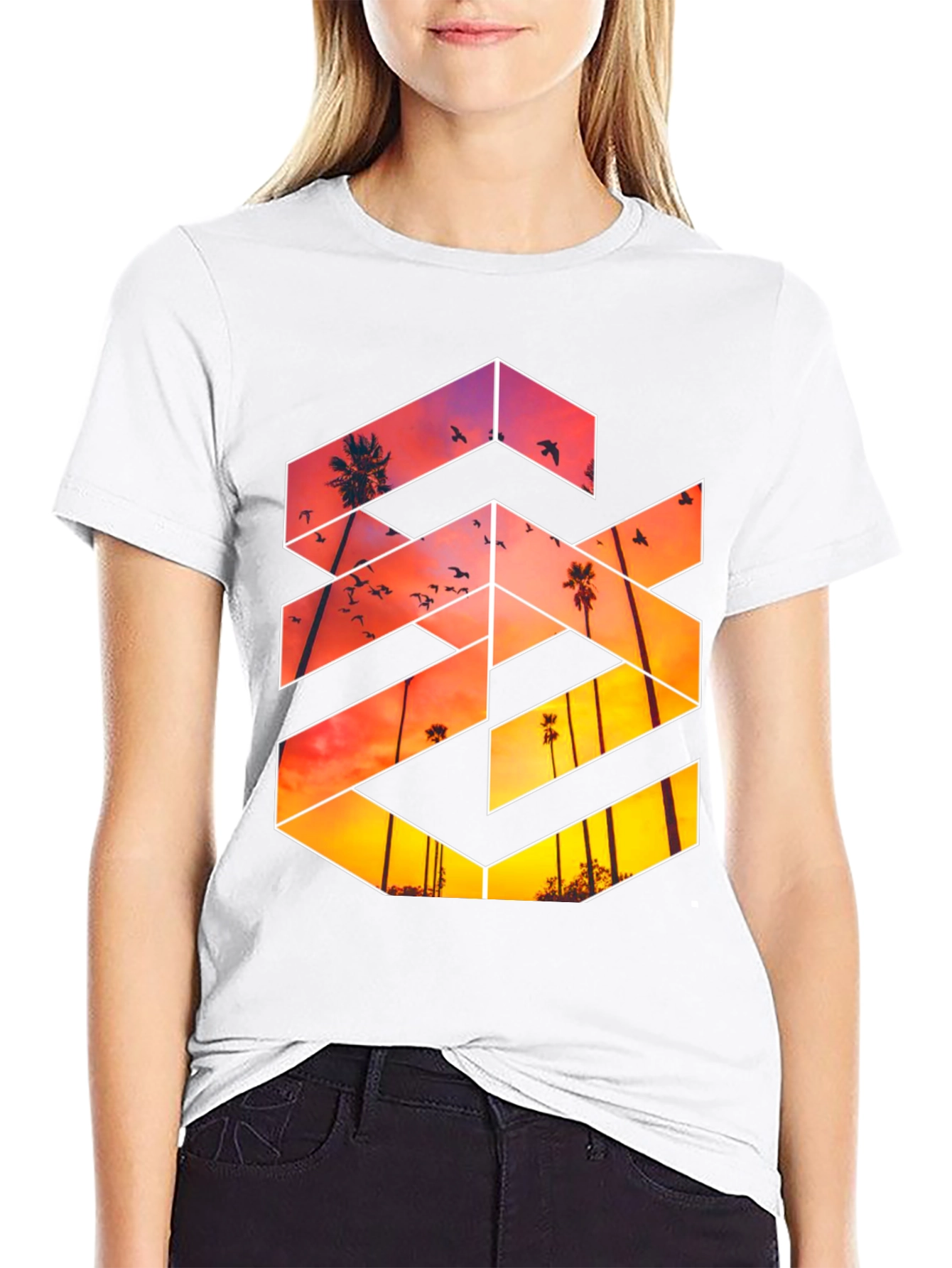 Sunset Palm Tree Graphic Tee - Black Casual T-Shirt