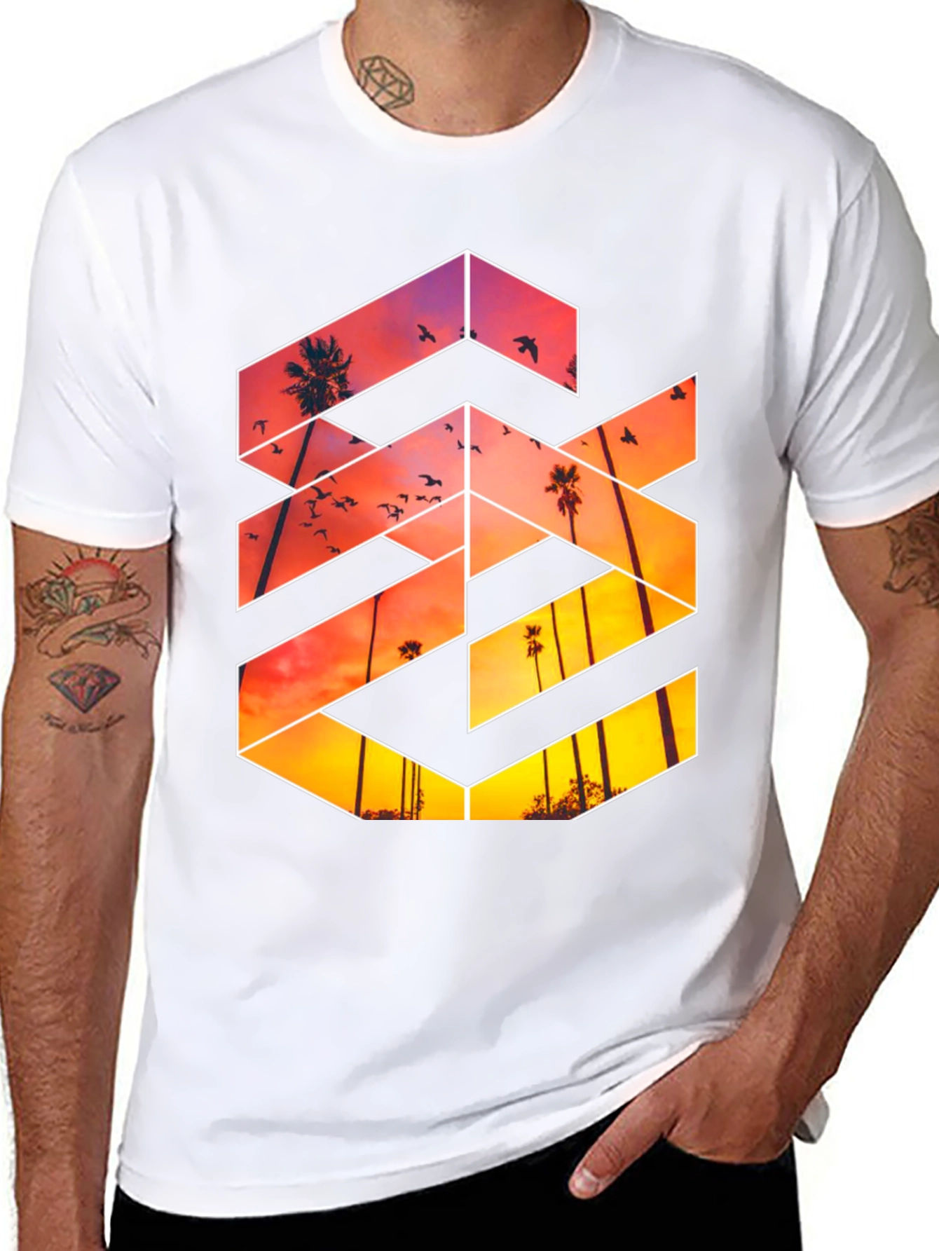 Sunset Palm Tree Graphic Tee - Black Casual T-Shirt