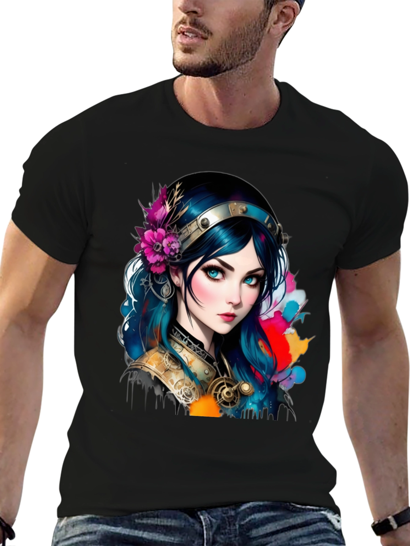 Fantasy Girl Graphic Tee - Artistic Design Black T-Shirt