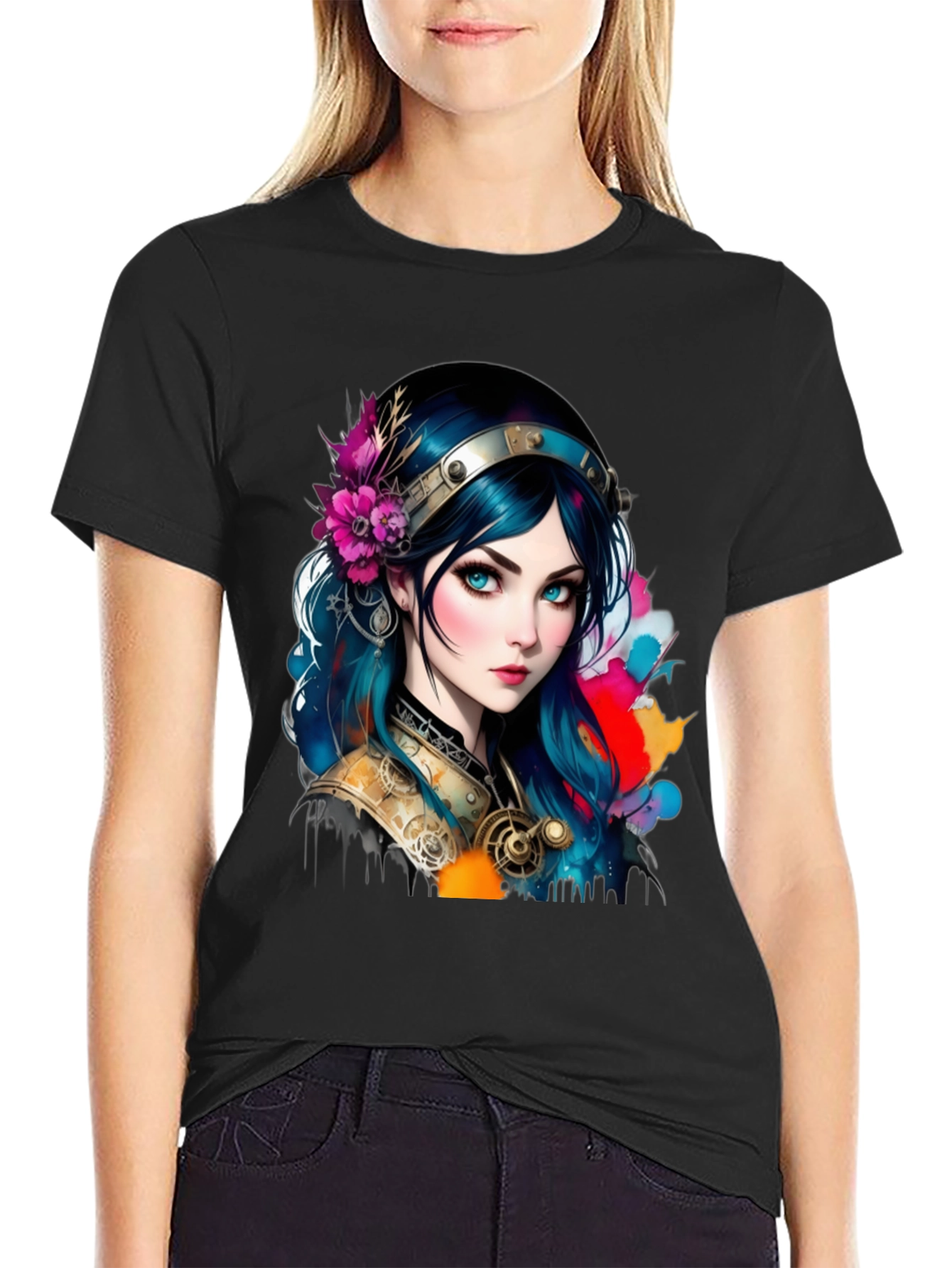 Fantasy Girl Graphic Tee - Artistic Design Black T-Shirt