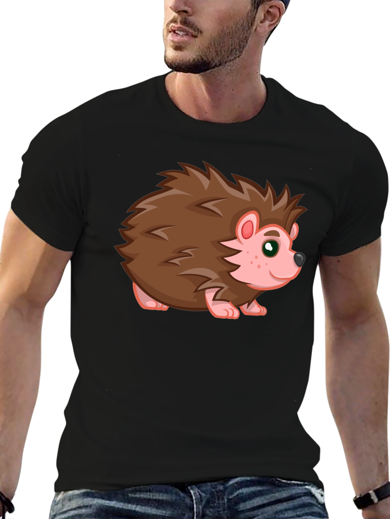 Cute Hedgehog Graphic Tee - Black Cotton T-Shirt