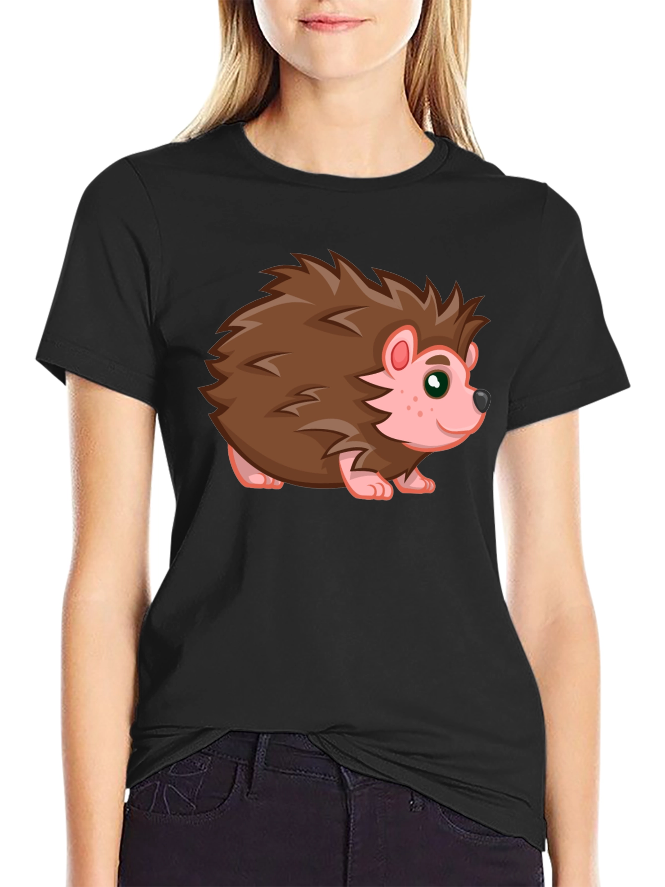 Cute Hedgehog Graphic Tee - Black Cotton T-Shirt