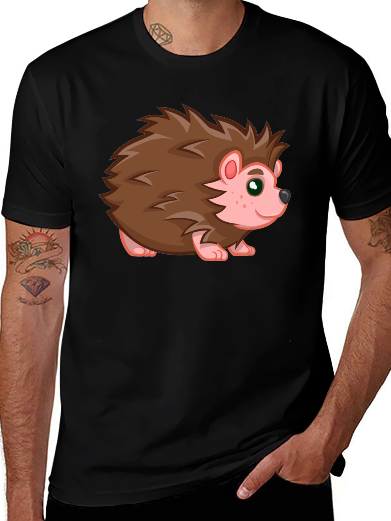 Cute Hedgehog Graphic Tee - Black Cotton T-Shirt