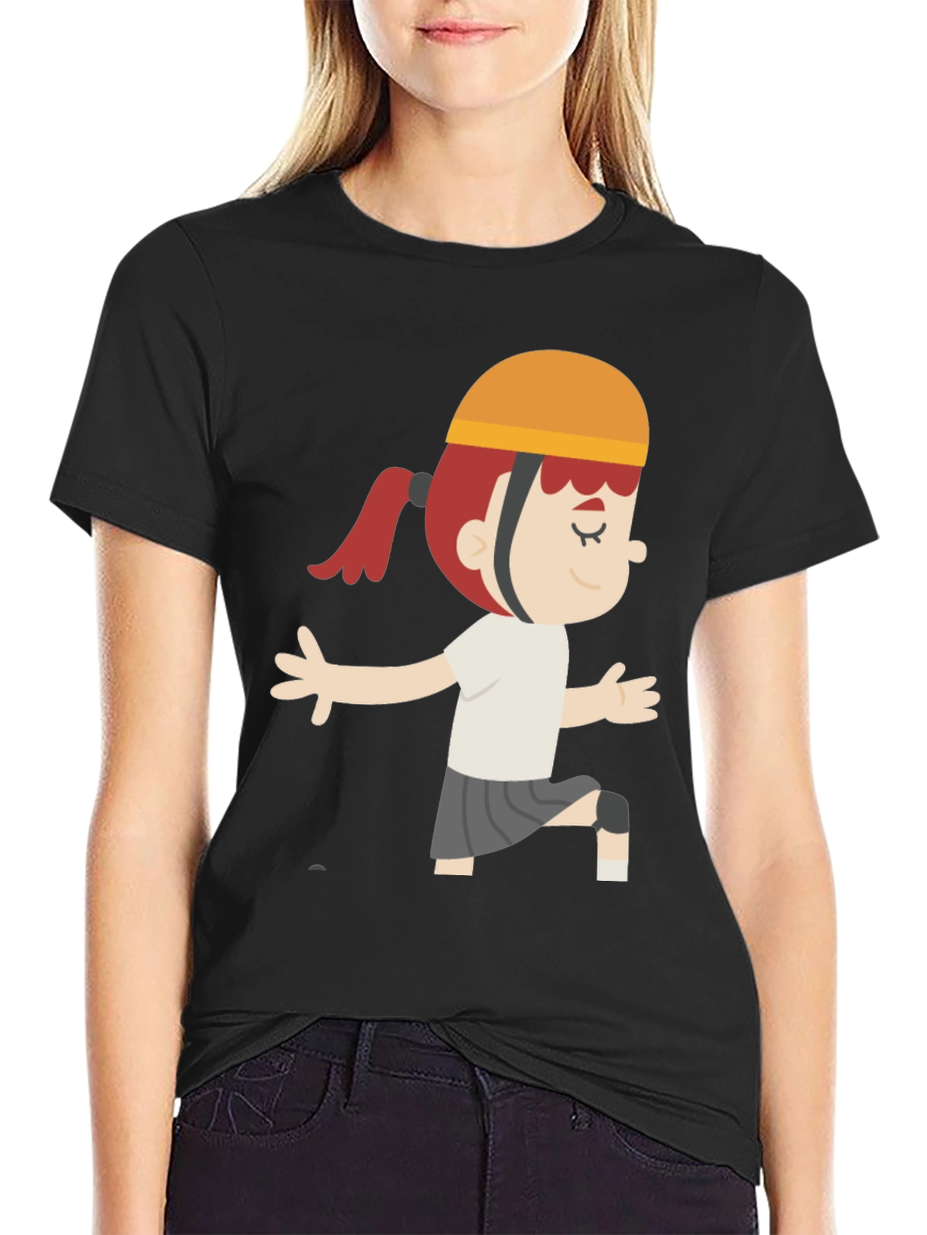 Cartoon Girl Graphic T-Shirt - Black Casual Tee