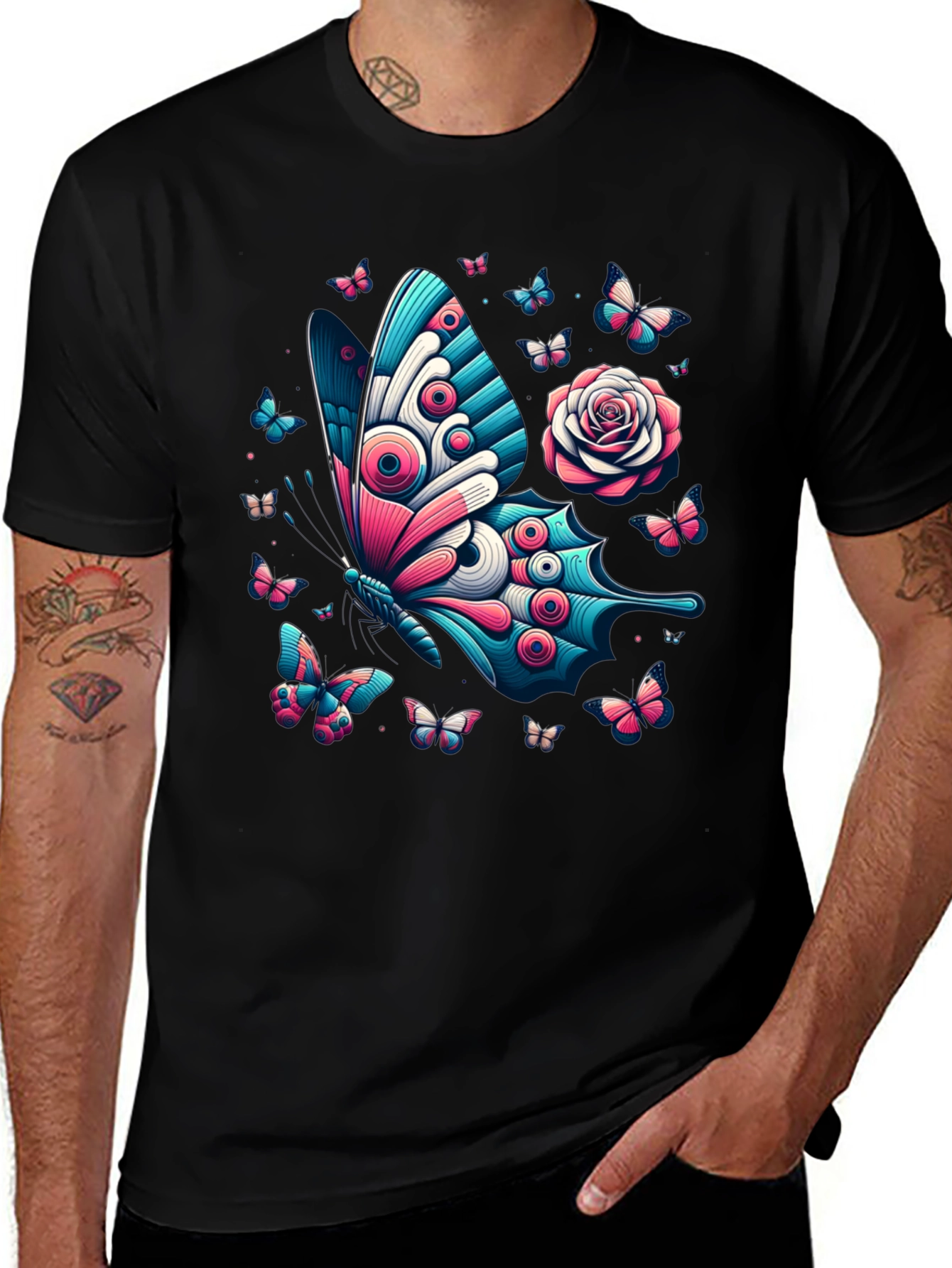 Butterfly & Rose Graphic Print Tee - Black