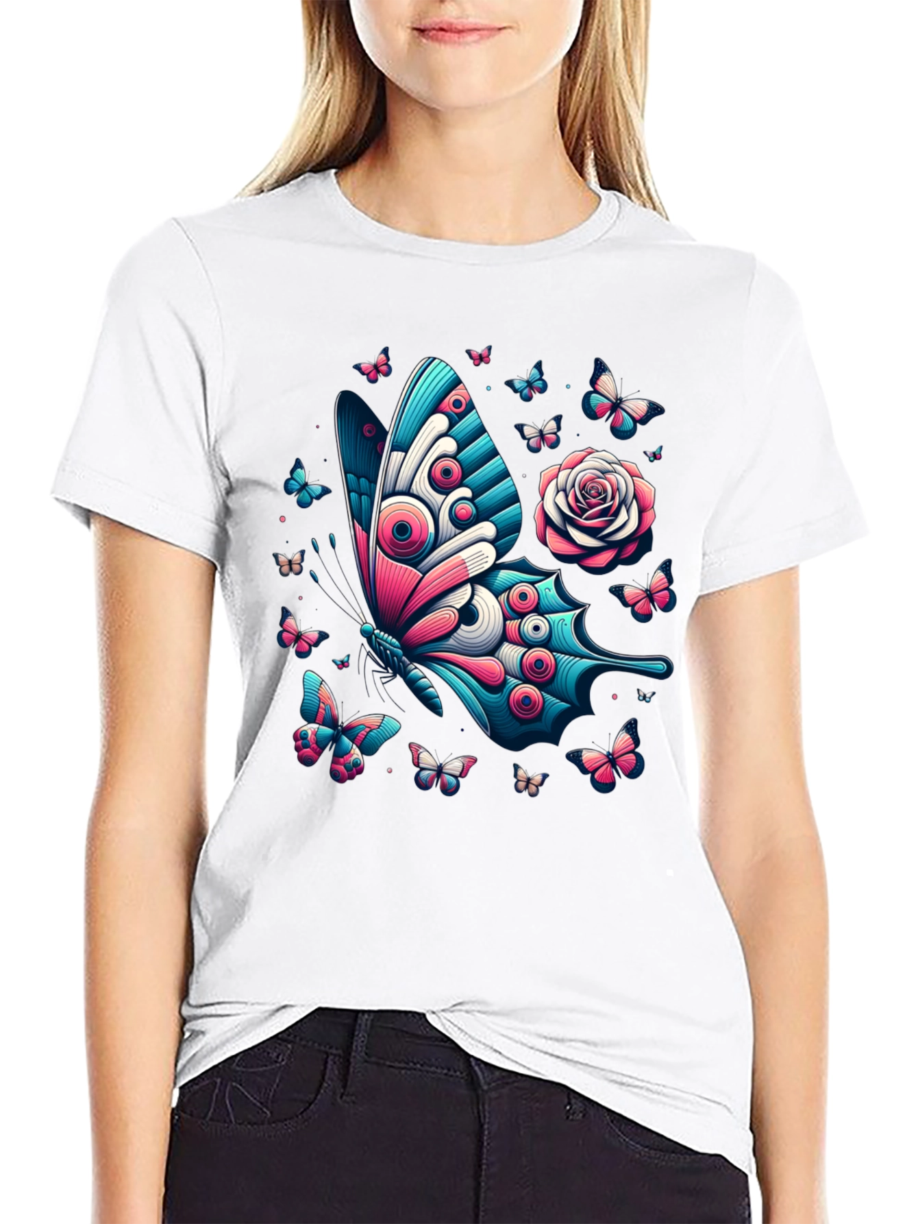 Butterfly & Rose Graphic Print Tee - Black