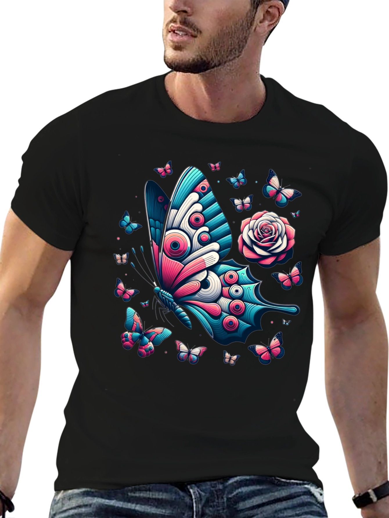 Butterfly & Rose Graphic Print Tee - Black