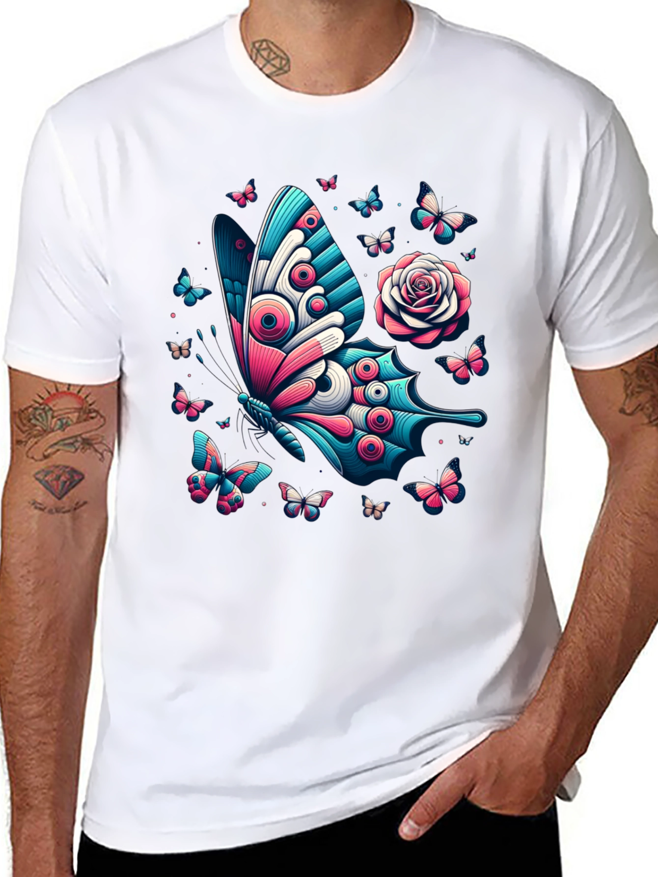 Butterfly & Rose Graphic Print Tee - Black