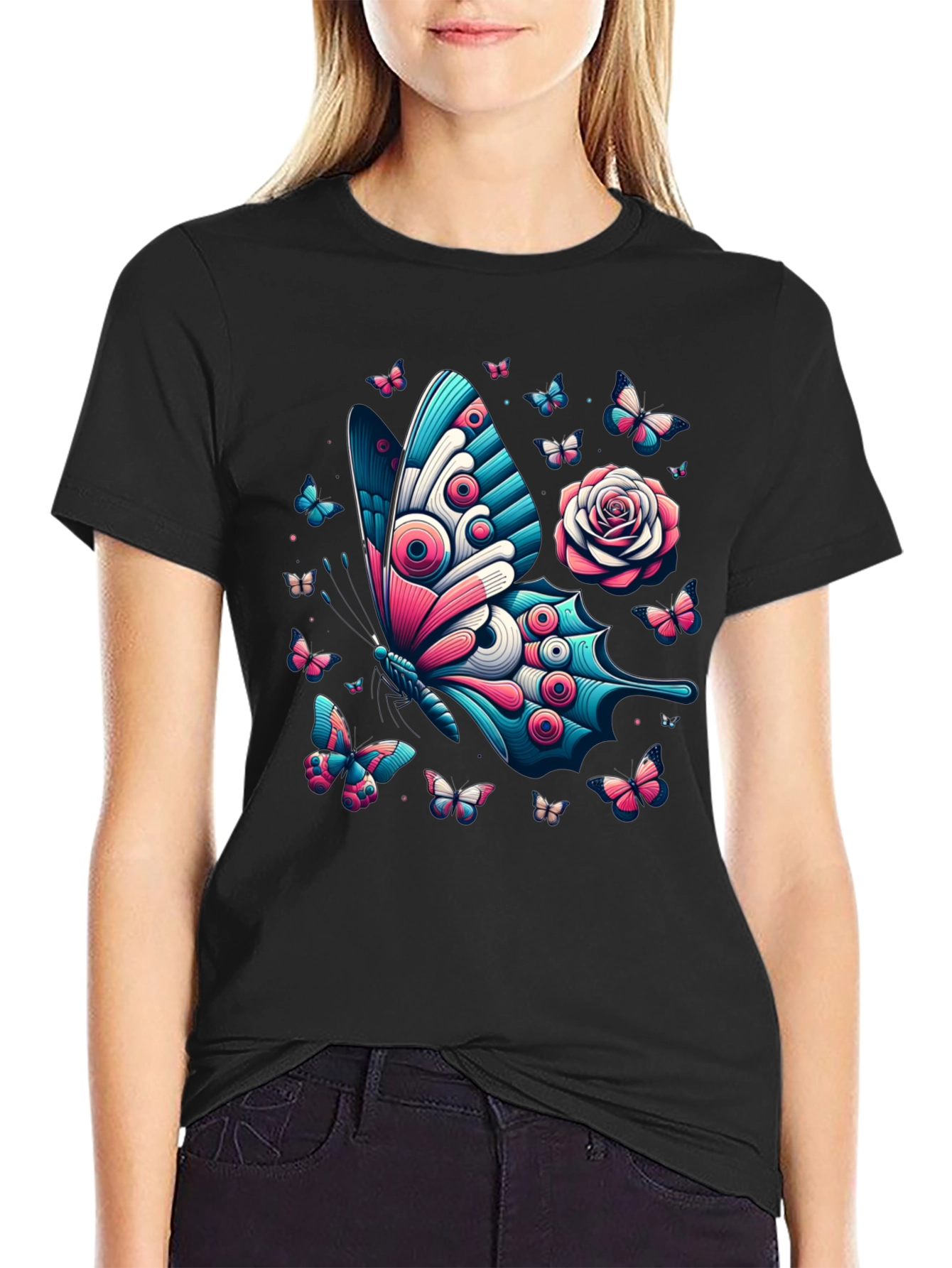 Butterfly & Rose Graphic Print Tee - Black