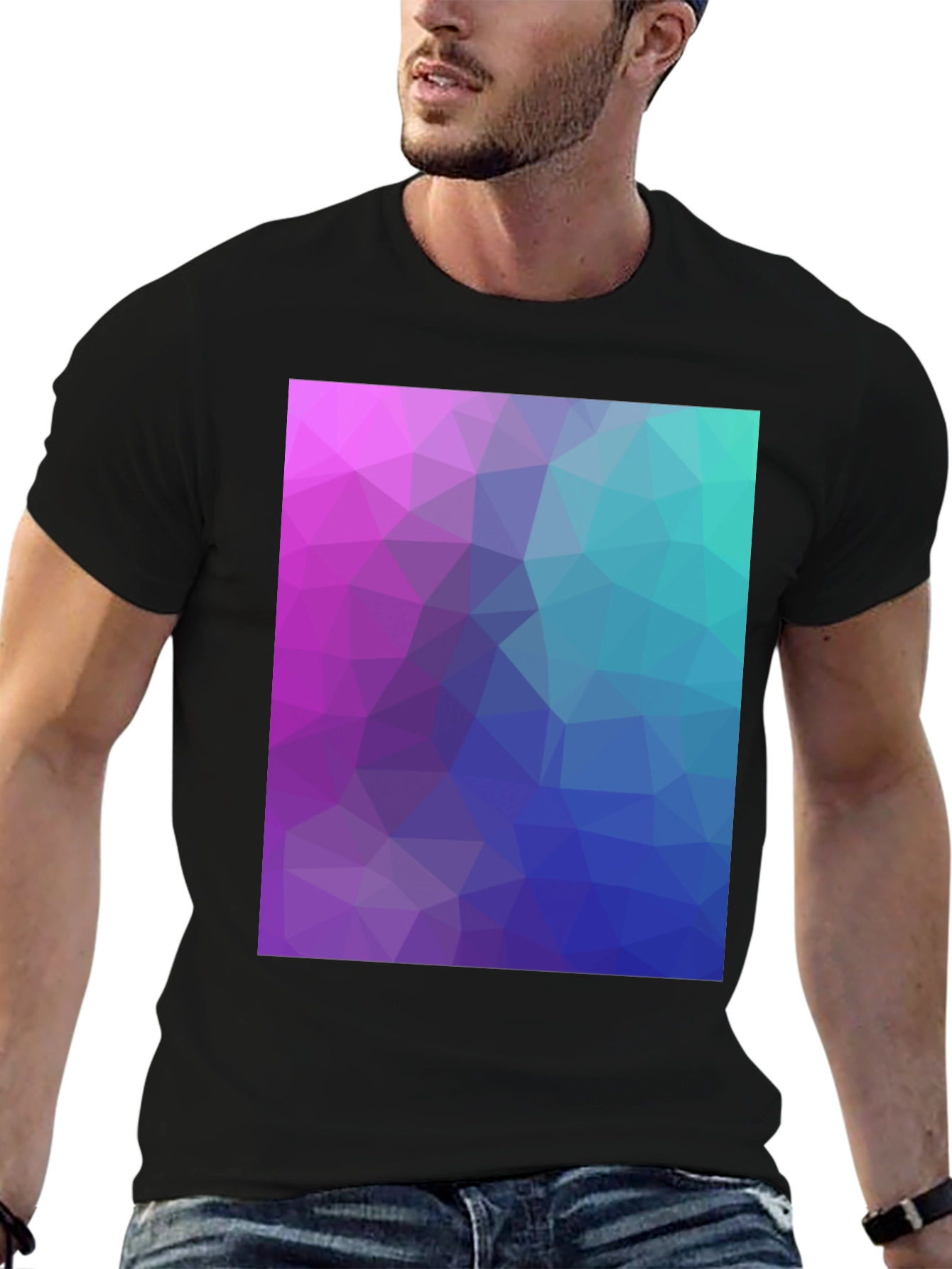 Geometric Triangle Print Black Crew Neck T-Shirt