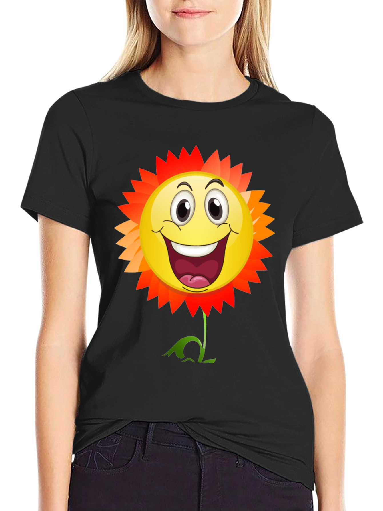 Smiley Flower Graphic T-Shirt - Black Cotton Tee