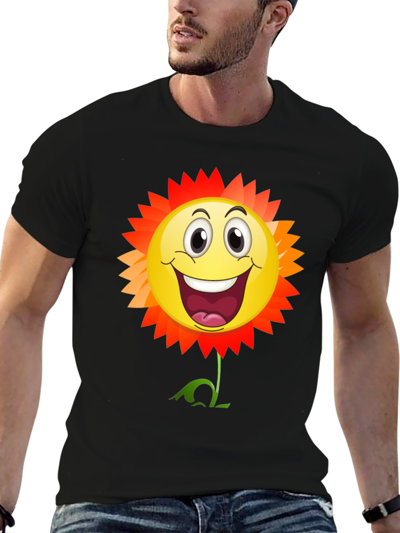 Smiley Flower Graphic T-Shirt - Black Cotton Tee