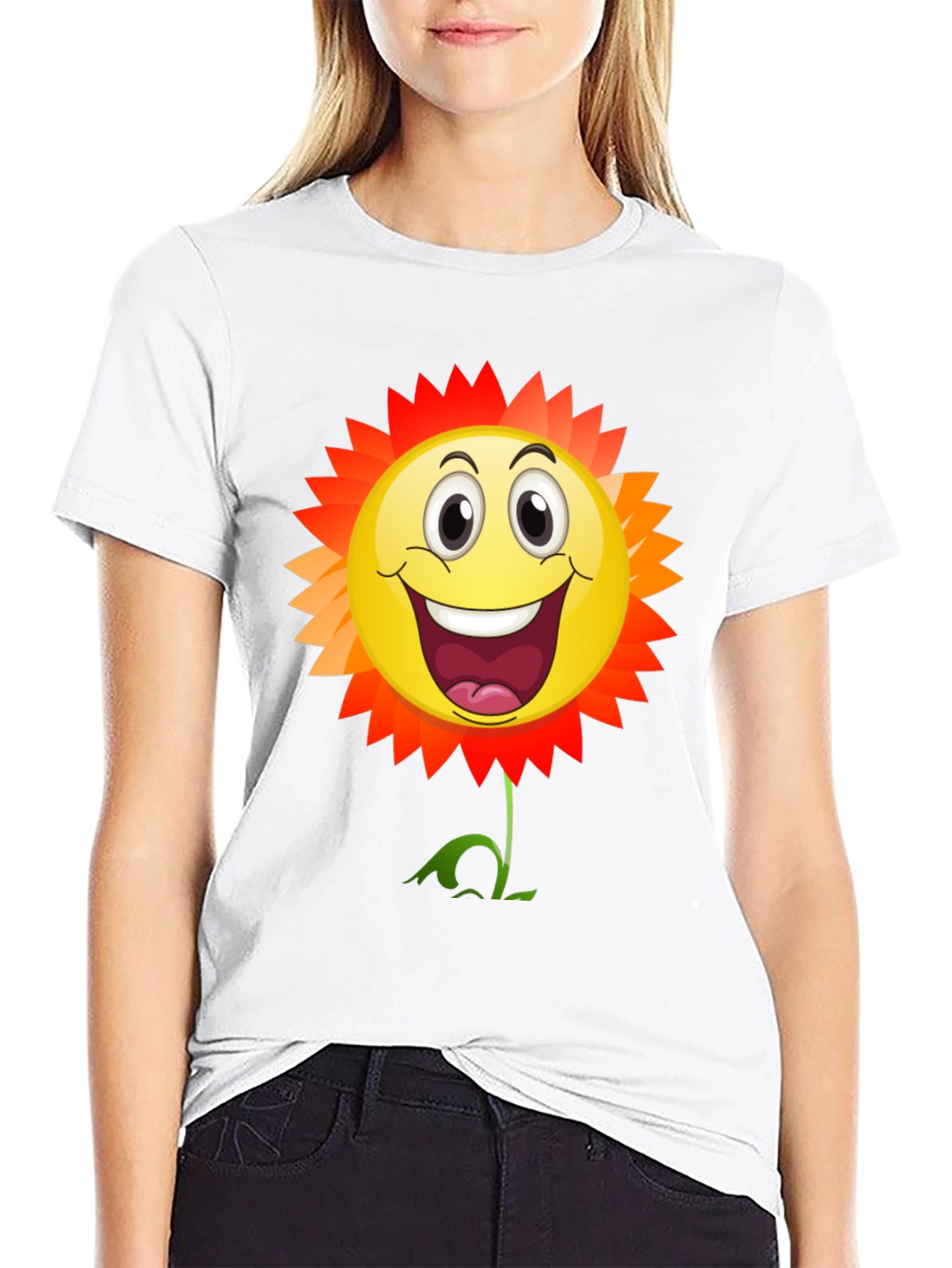 Smiley Flower Graphic T-Shirt - Black Cotton Tee