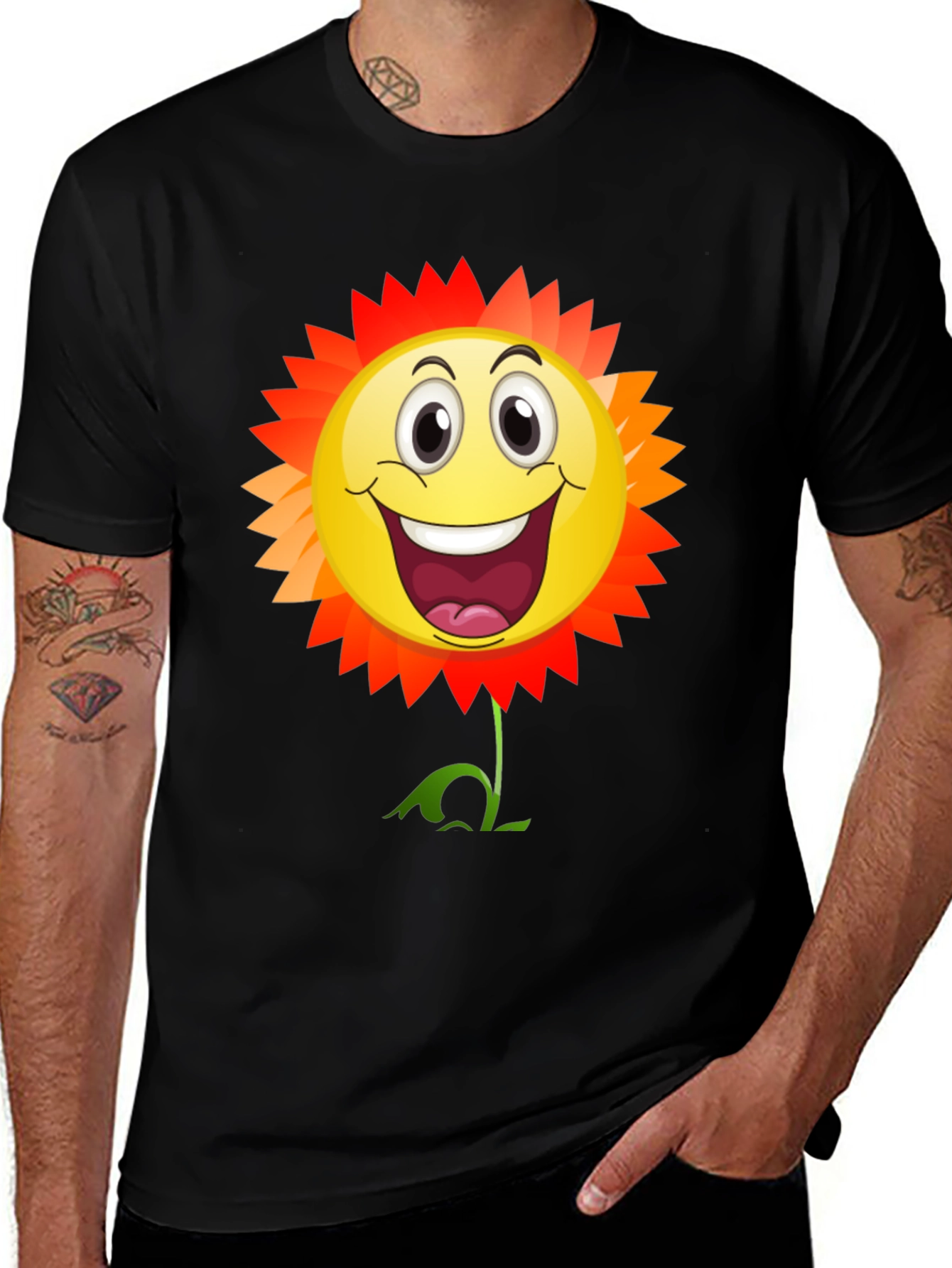 Smiley Flower Graphic T-Shirt - Black Cotton Tee