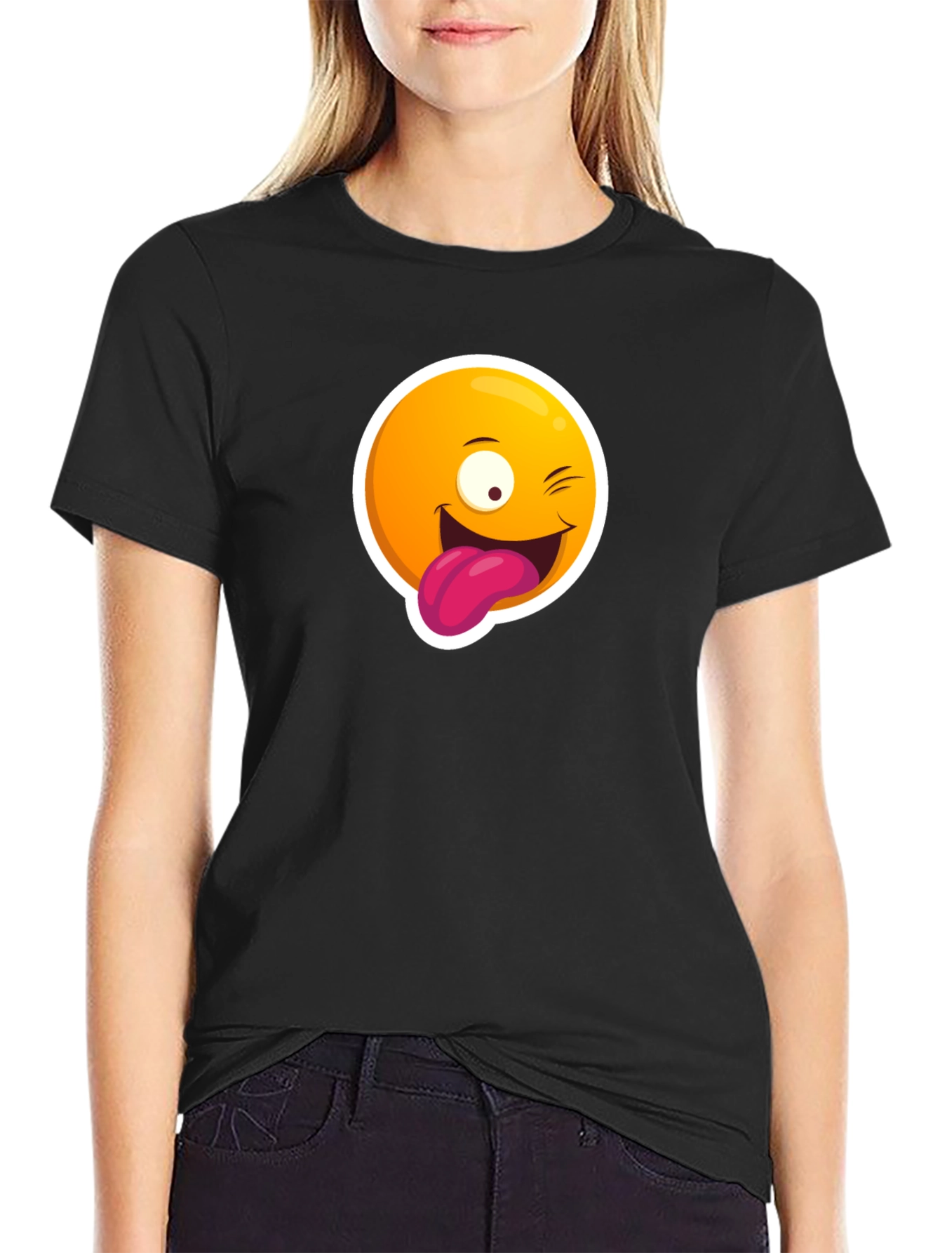 Winking Emoji Graphic Black T-Shirt