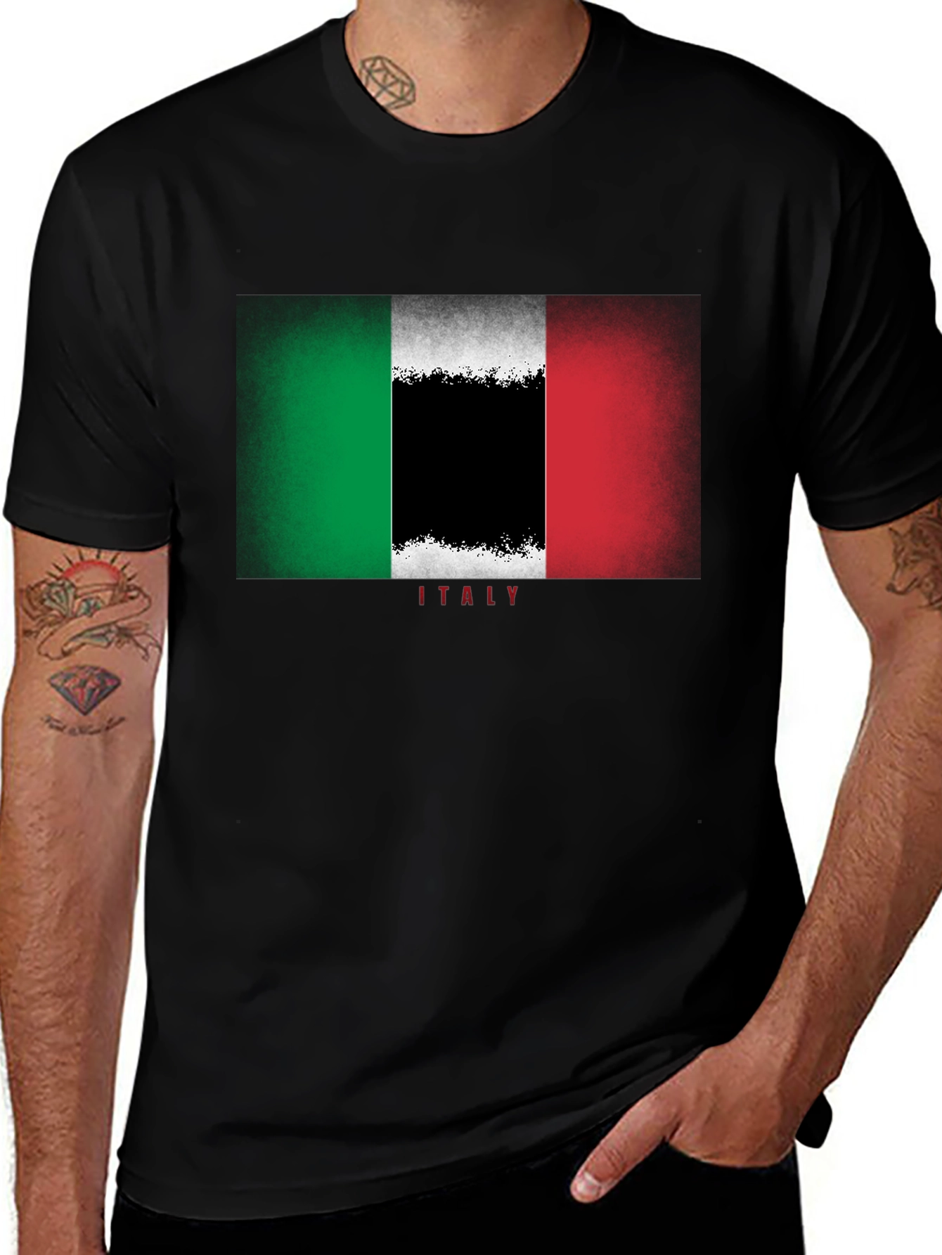 Italian Flag Graphic Tee - Black Cotton T-Shirt