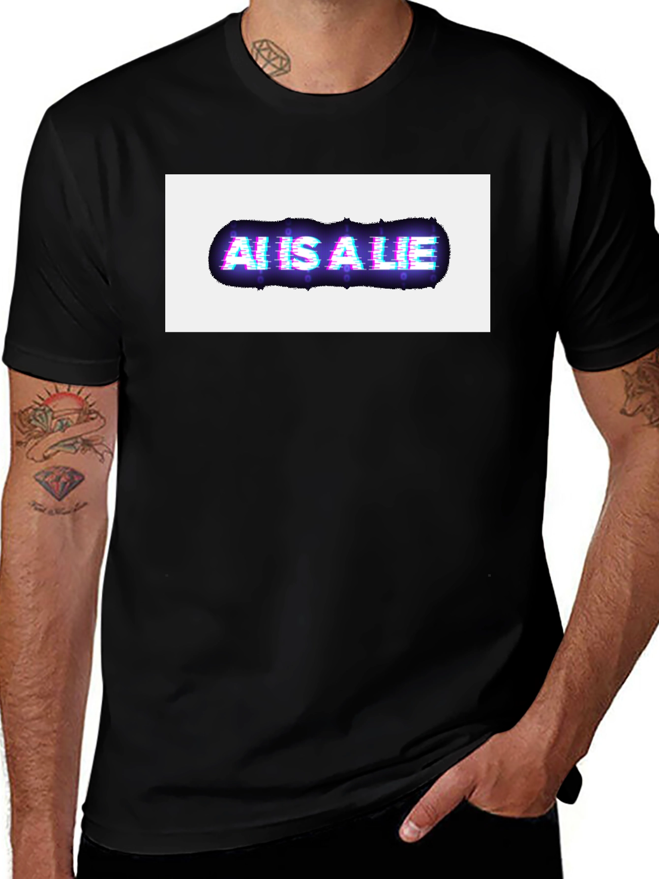 AI is a Lie Glitch Graphic Black T-Shirt