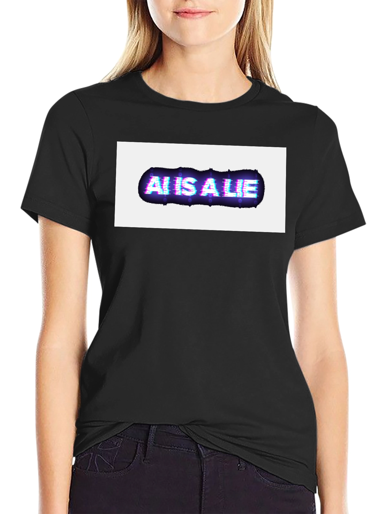 AI is a Lie Glitch Graphic Black T-Shirt