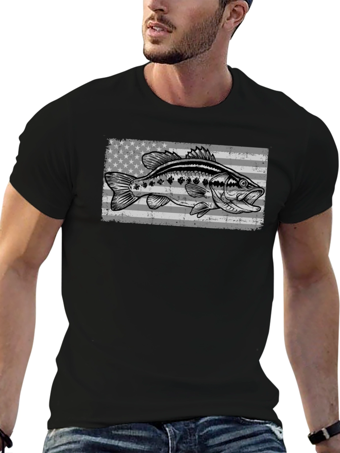 Bass Fish American Flag Graphic T-Shirt