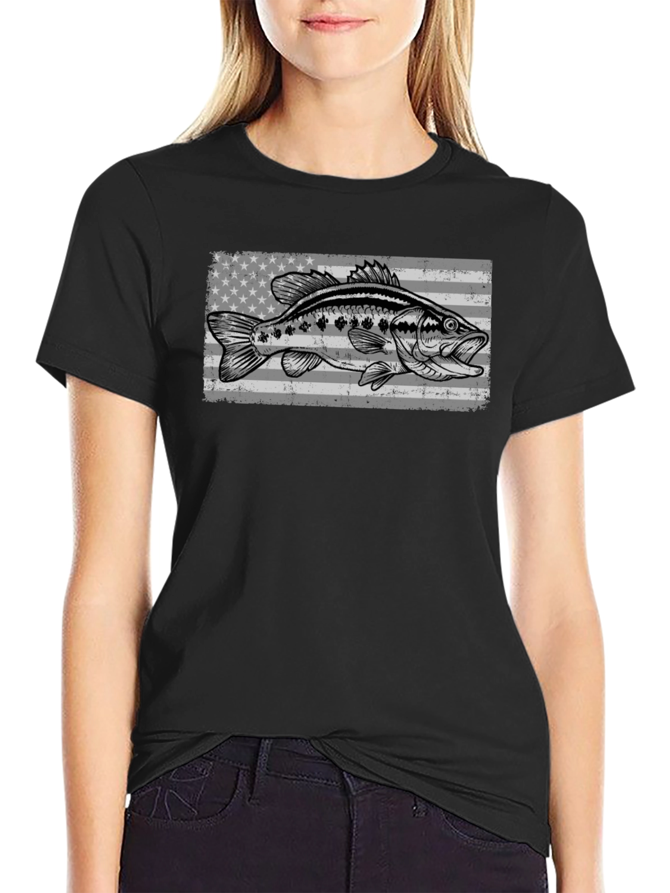 Bass Fish American Flag Graphic T-Shirt