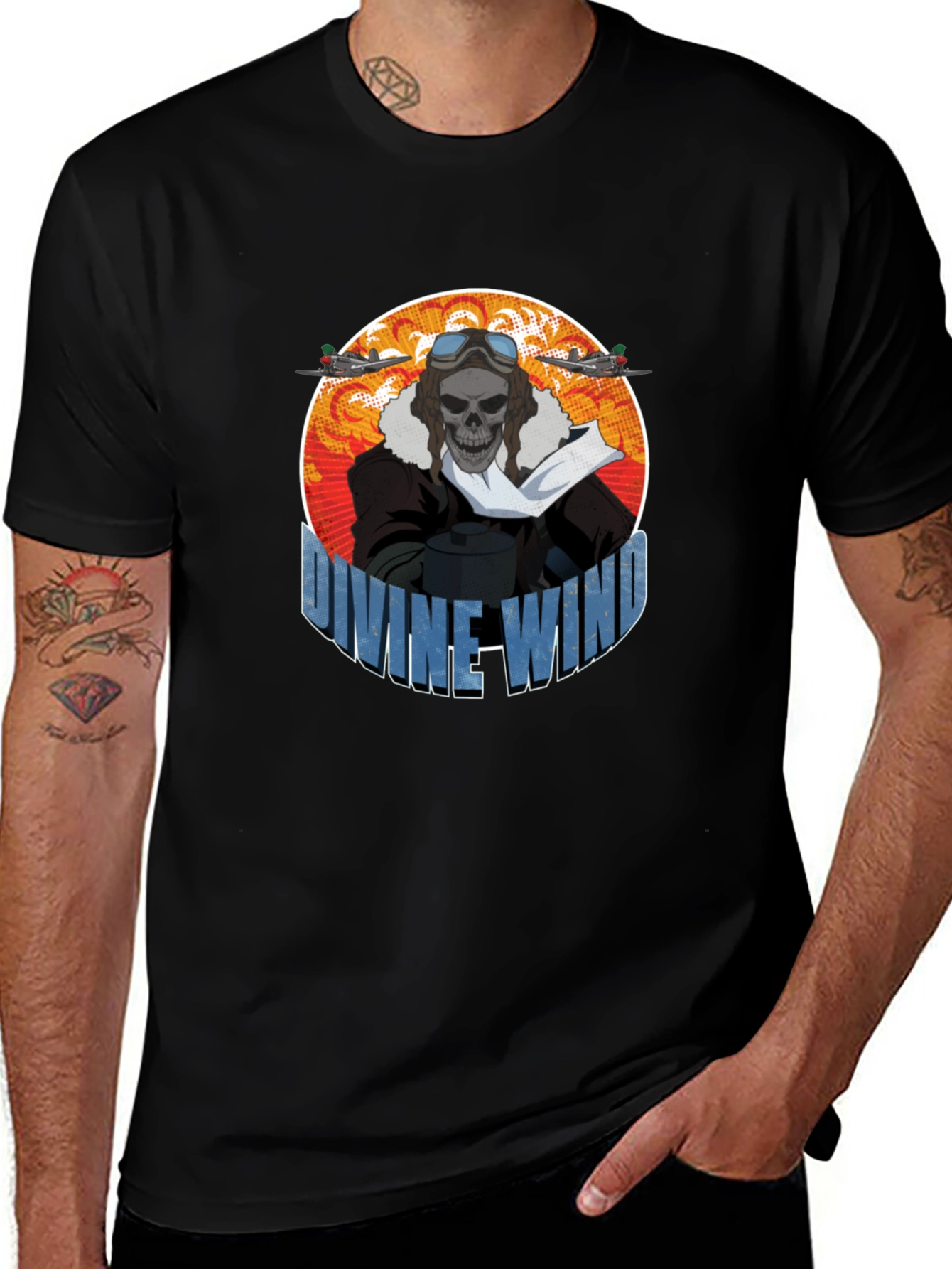 Divine Wind Skull Pilot Graphic T-Shirt