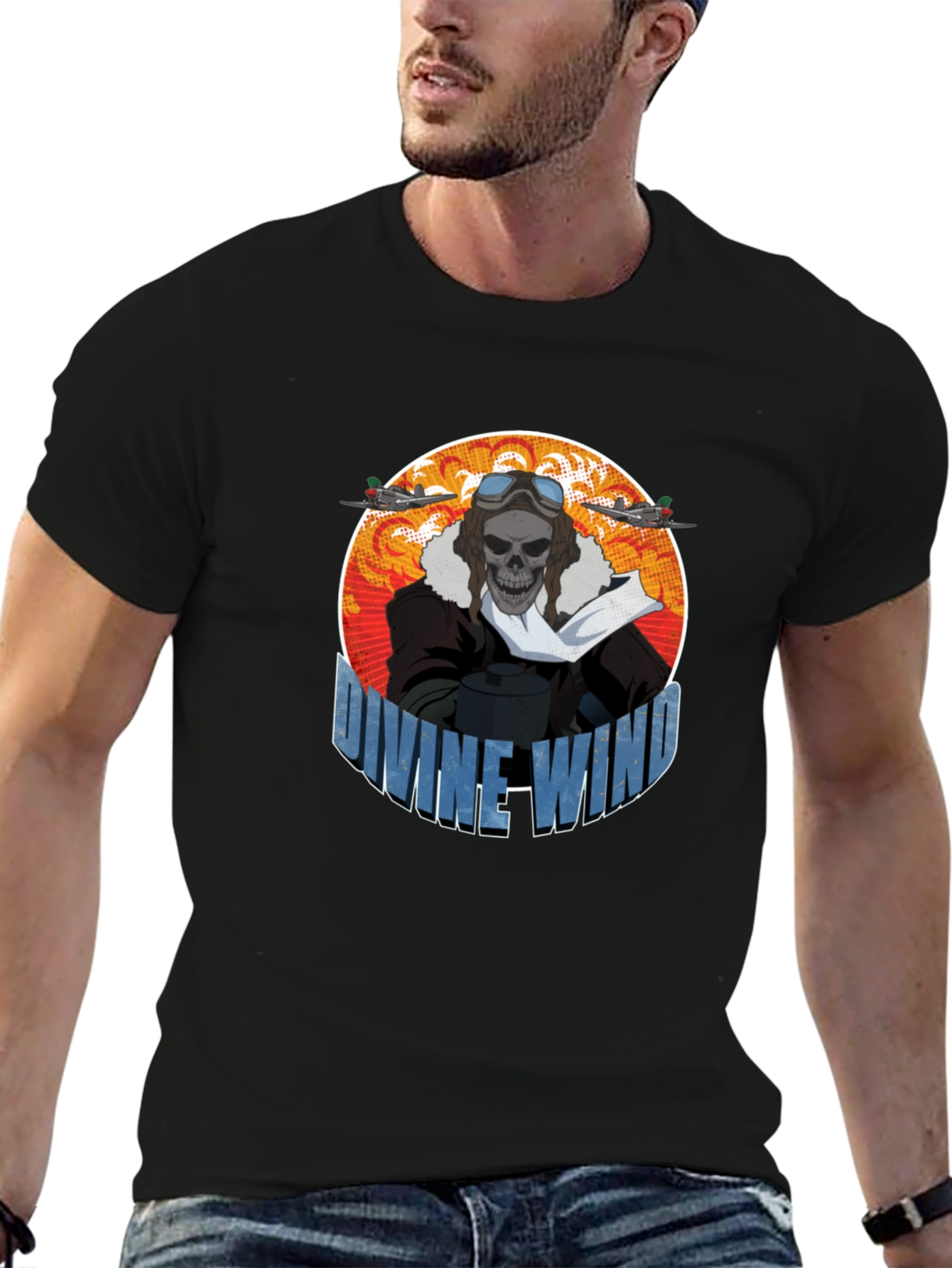 Divine Wind Skull Pilot Graphic T-Shirt